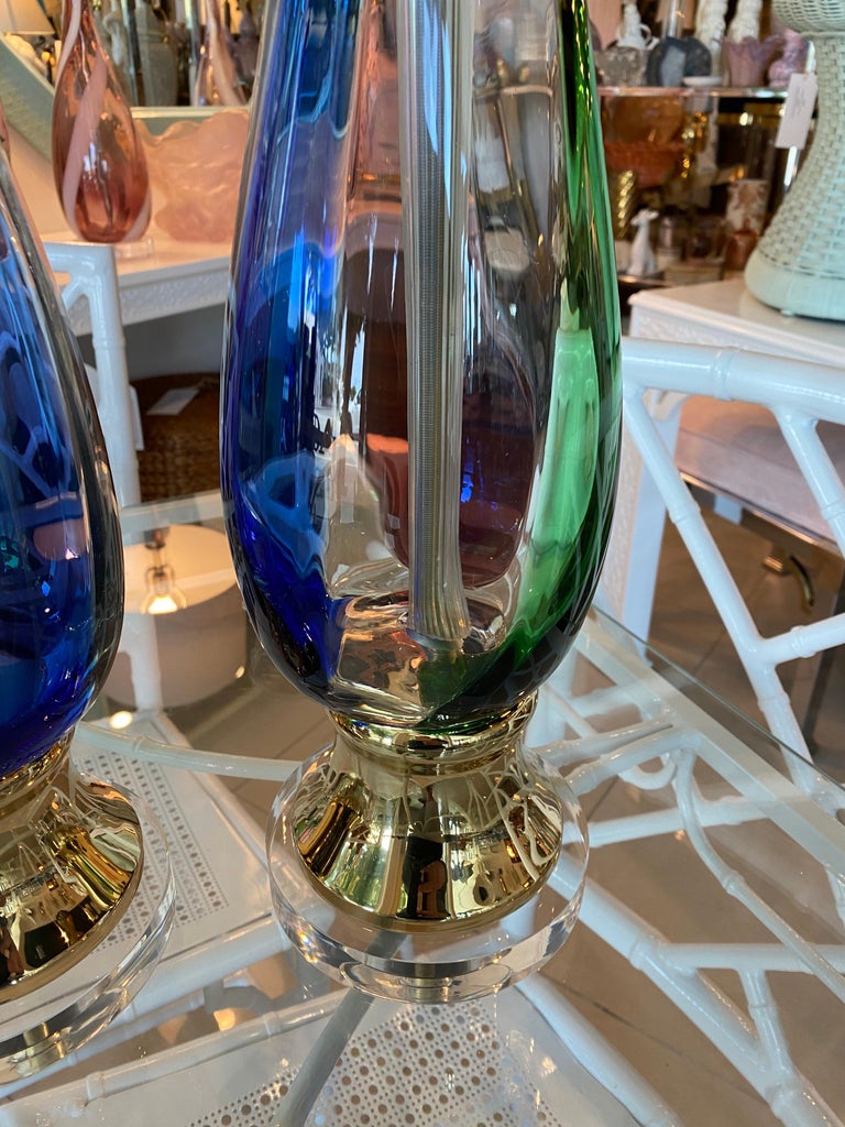 Vintage Pair of Murano Glass Table Lamps Fully Restored Brass Lucite For Sale 9