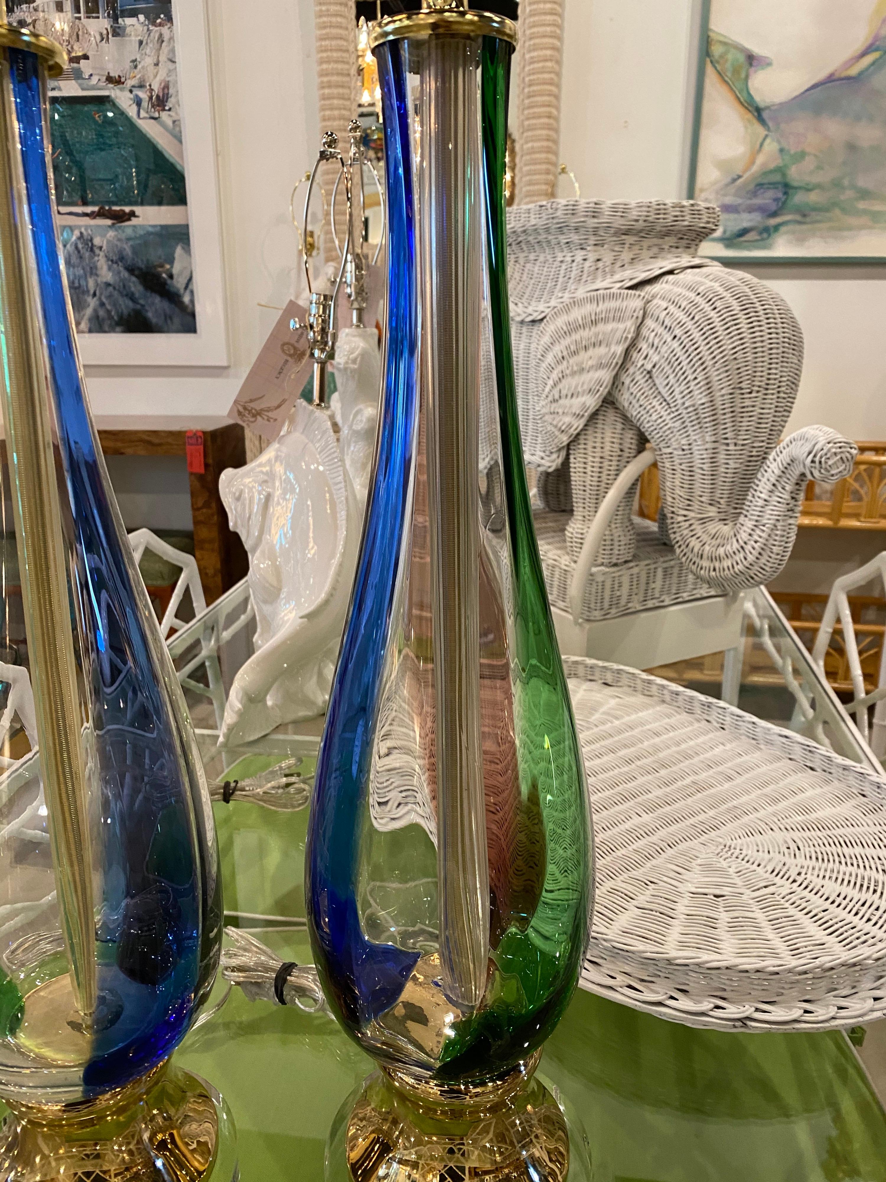 Italian Vintage Pair of Murano Glass Table Lamps Fully Restored Brass Lucite