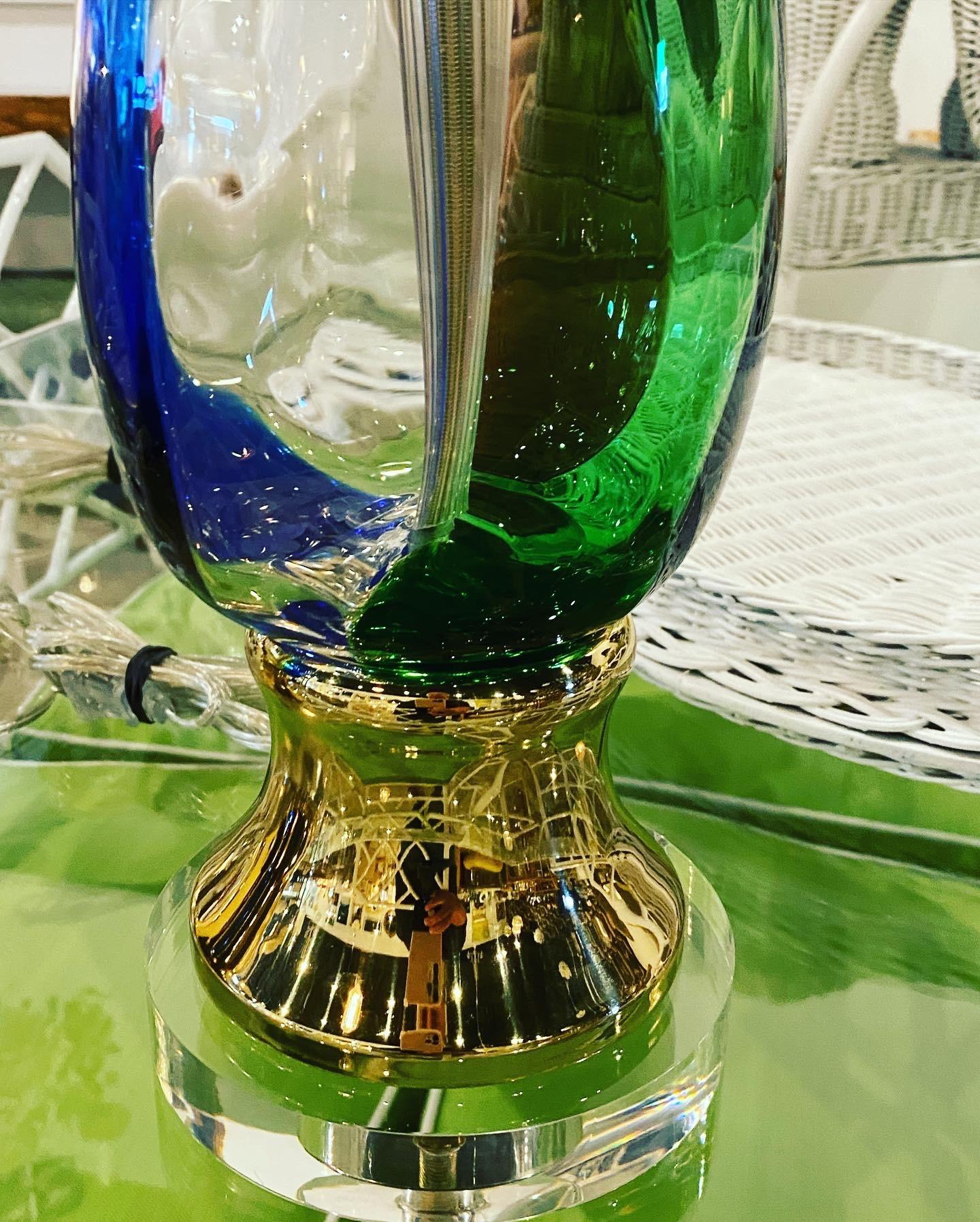 Mid-20th Century Vintage Pair of Murano Glass Table Lamps Fully Restored Brass Lucite