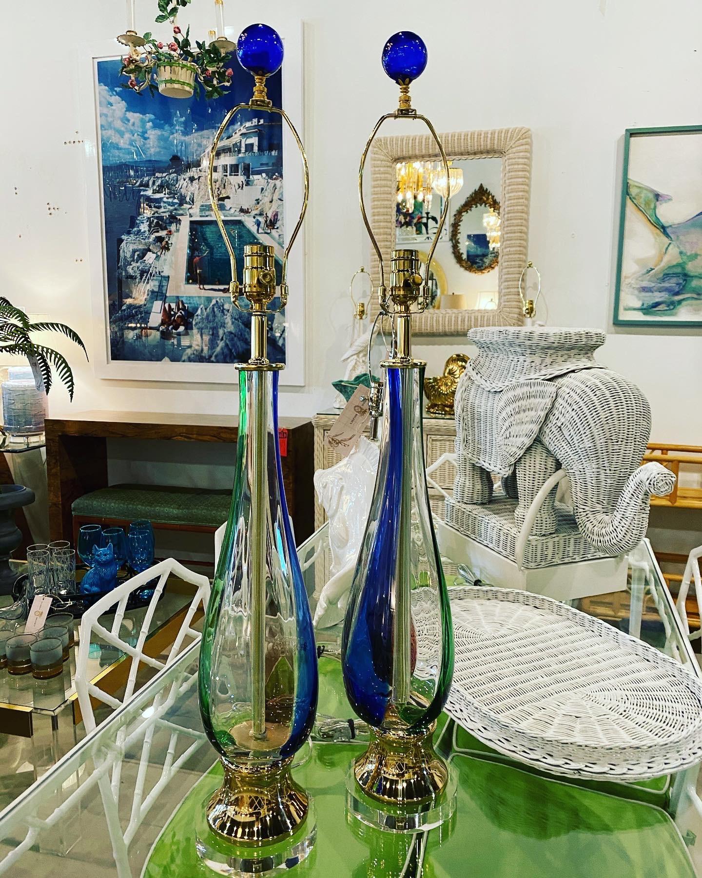 Vintage Pair of Murano Glass Table Lamps Fully Restored Brass Lucite 1
