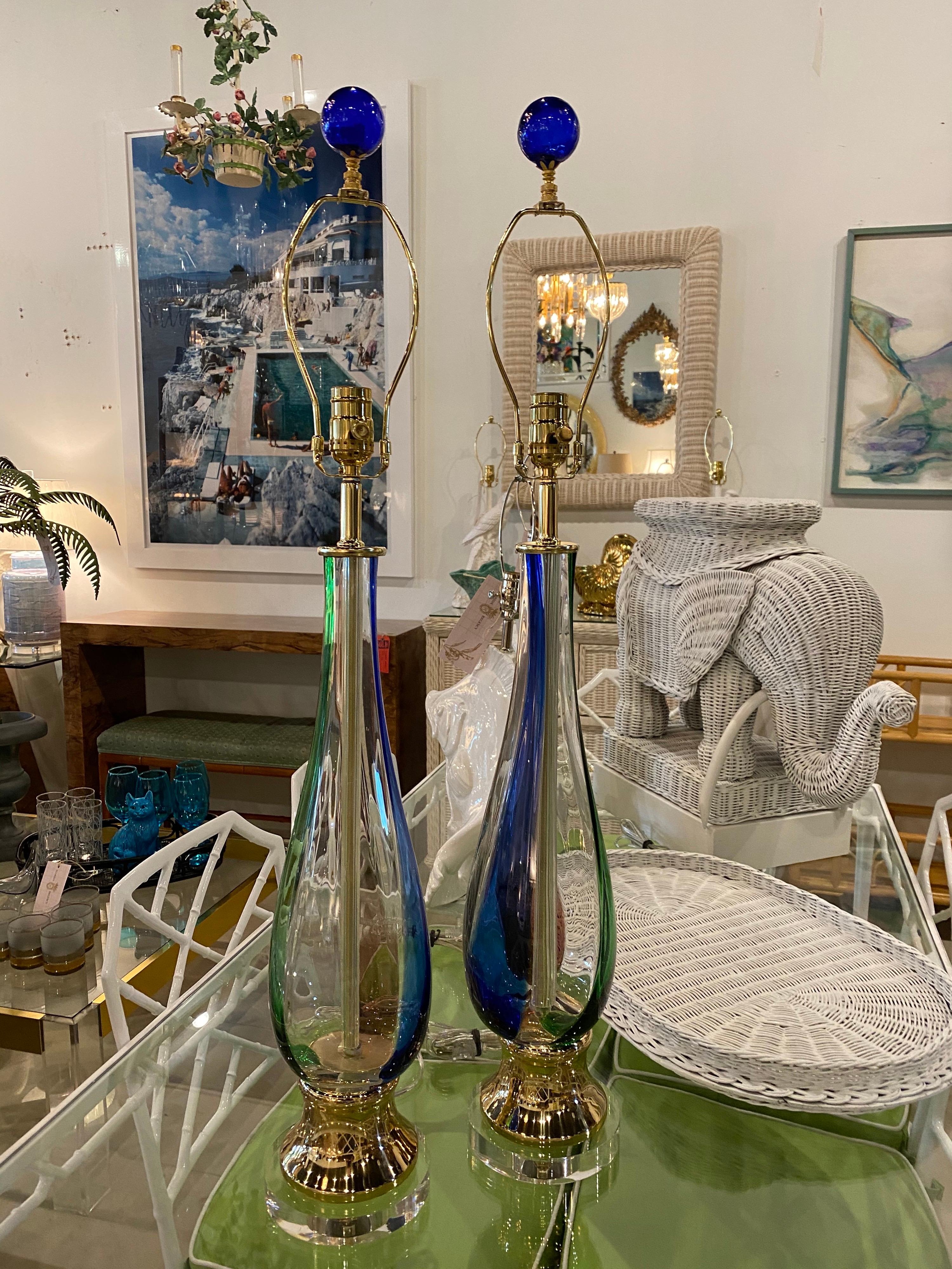 Vintage Pair of Murano Glass Table Lamps Fully Restored Brass Lucite 2