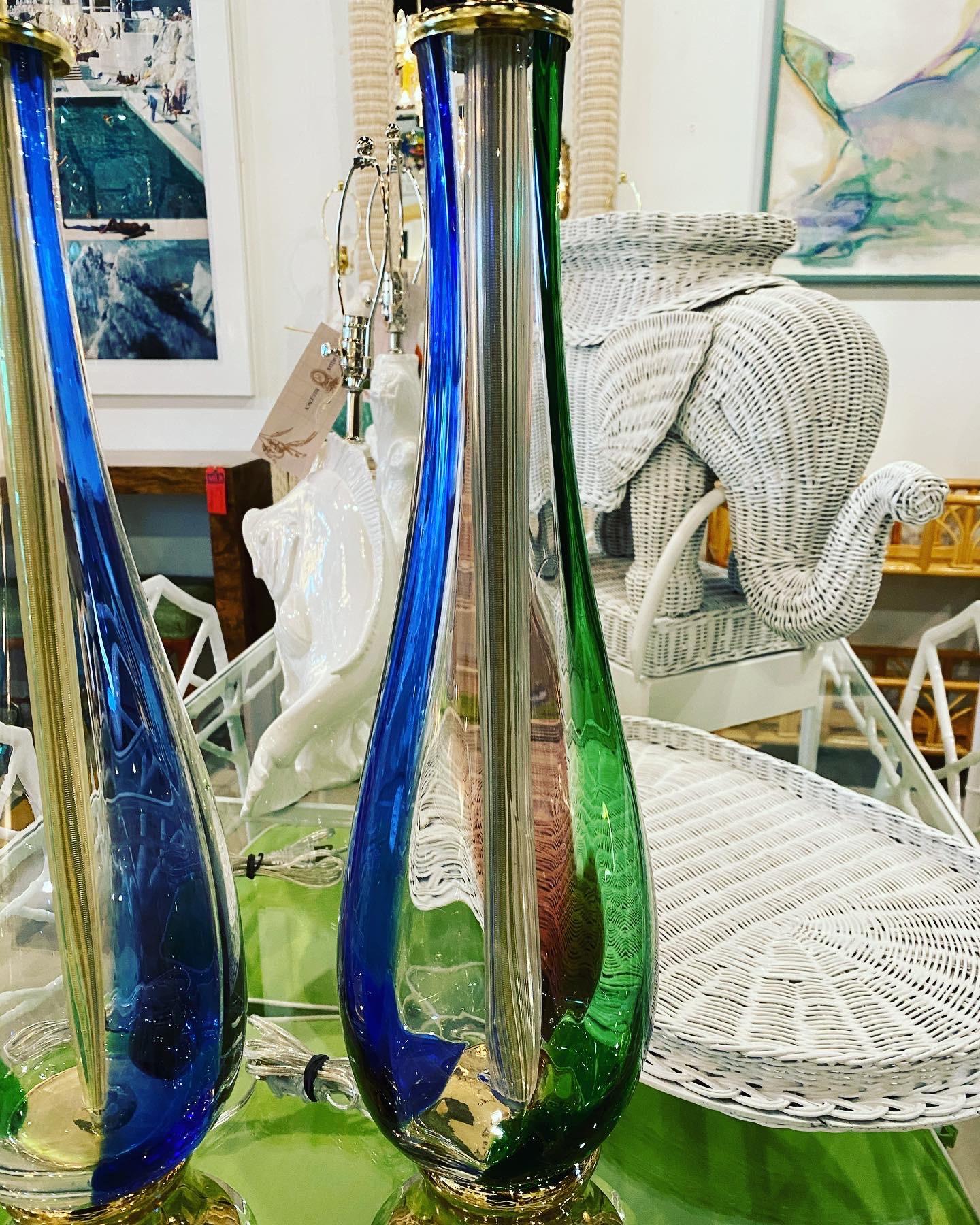 Vintage Pair of Murano Glass Table Lamps Fully Restored Brass Lucite 3