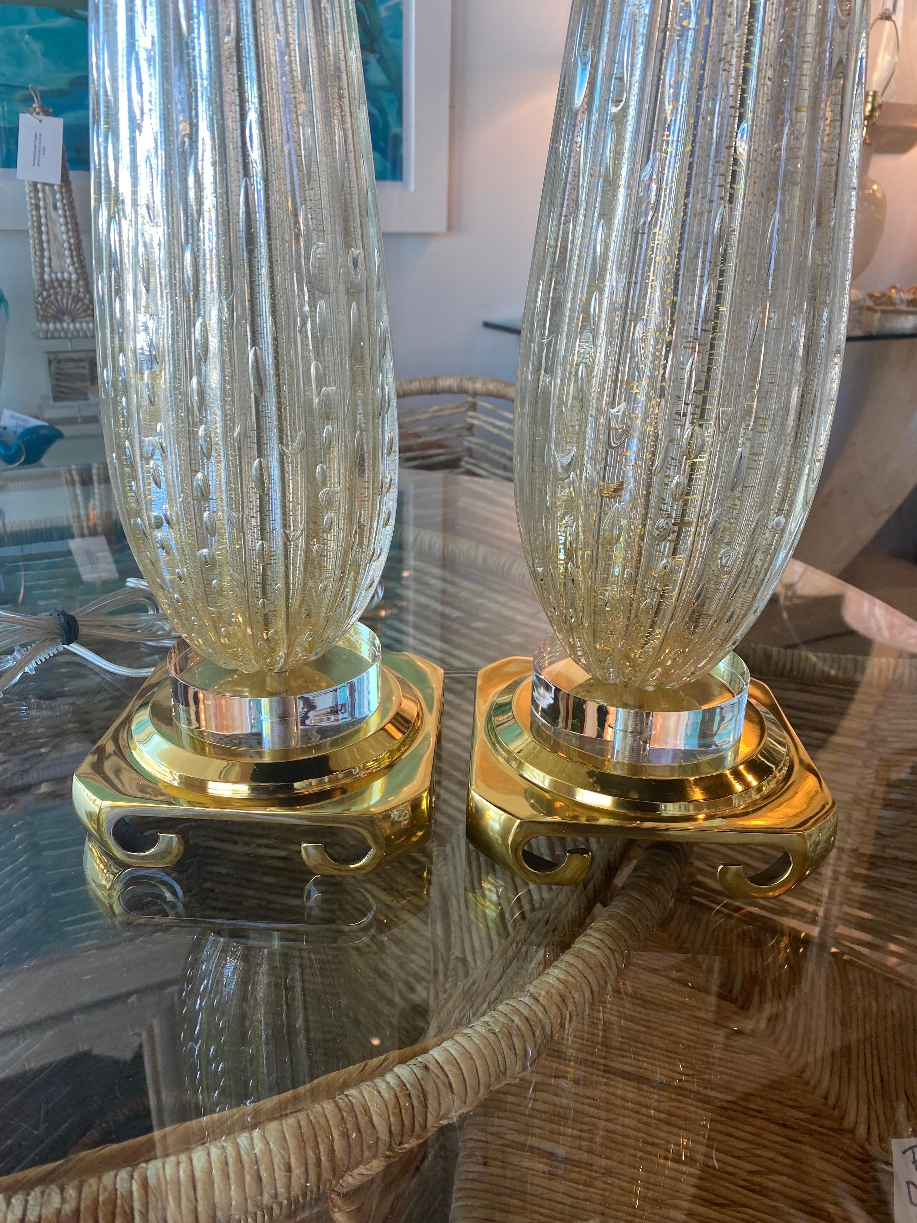 Vintage Pair of Murano Gold Seguso Bubble Table Lamps Newly Wired Lucite Brass 4