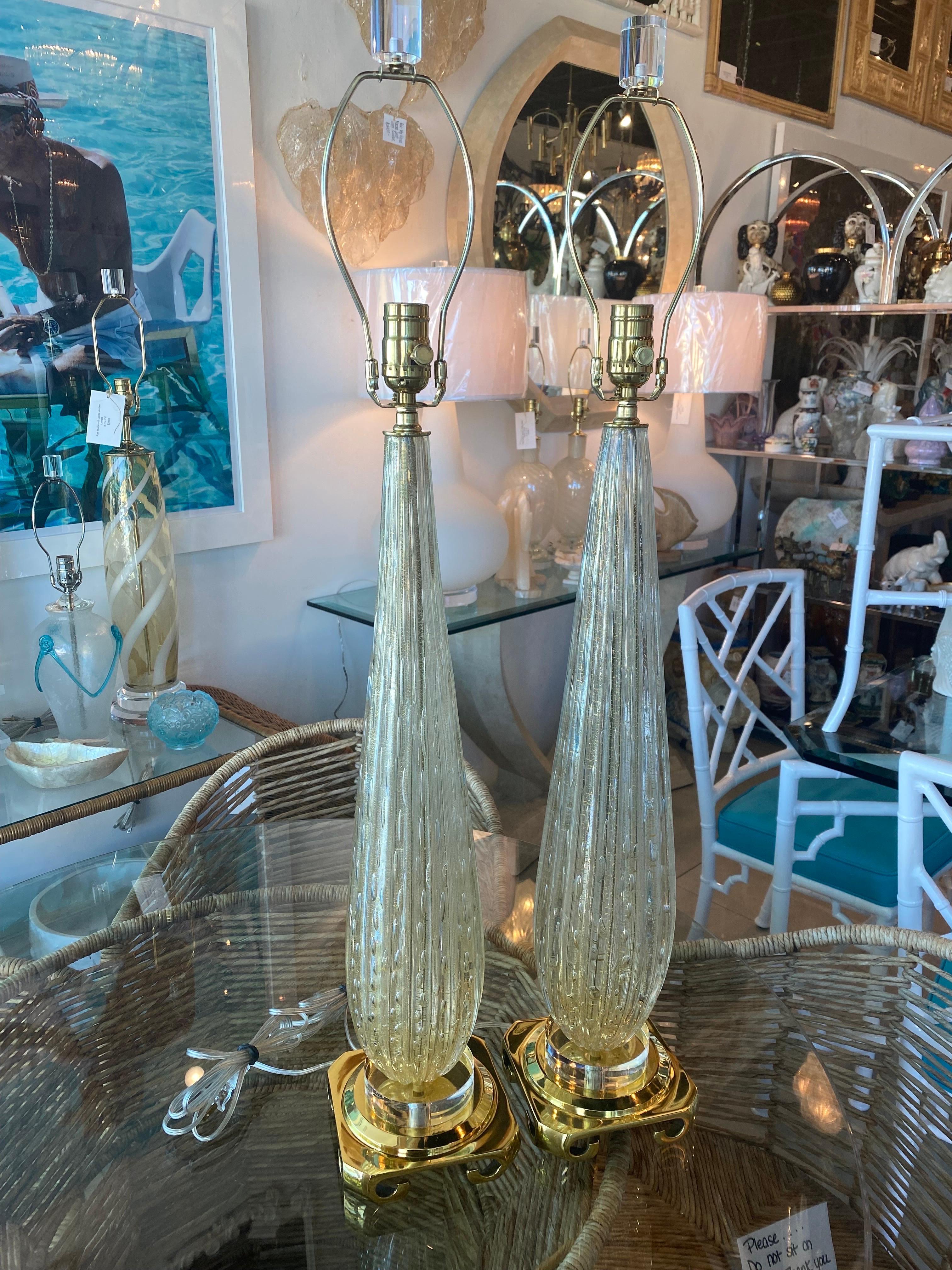 Vintage Pair of Murano Gold Seguso Bubble Table Lamps Newly Wired Lucite Brass 5