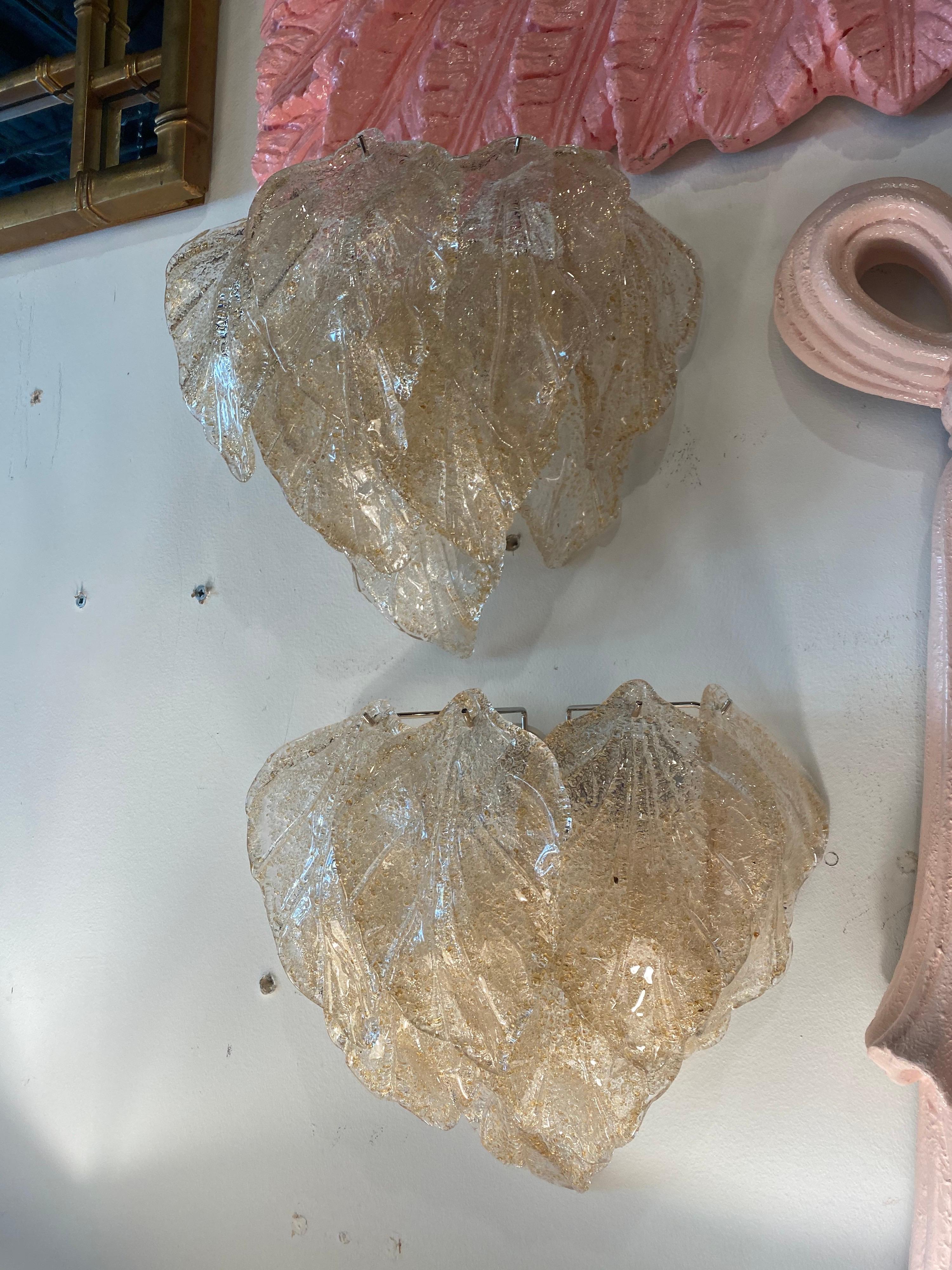 Vintage Pair of Murano Mazzega Glass Leaf Leaves Wall Sconces Gold Flakes Clear  For Sale 6