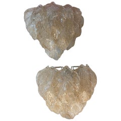 Vintage Pair of Murano Mazzega Glass Leaf Leaves Wall Sconces Gold Flakes Clear