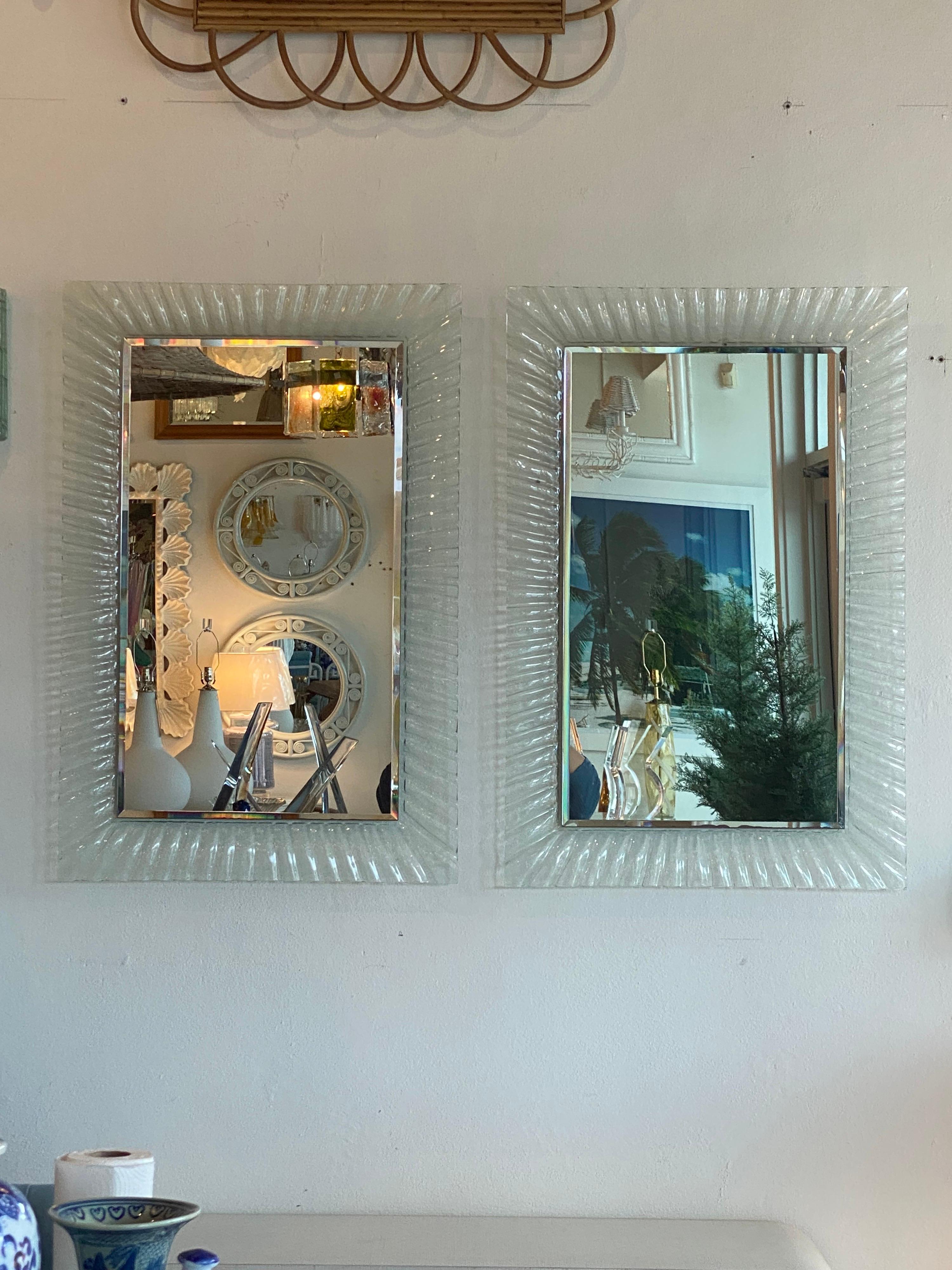 Mid-20th Century Vintage Pair of Italian Murano Wavy Glass Wall Mirrors 