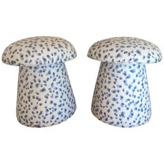 Vintage Pair of Mushroom Blue and White Newly Upholstered Stools Benches