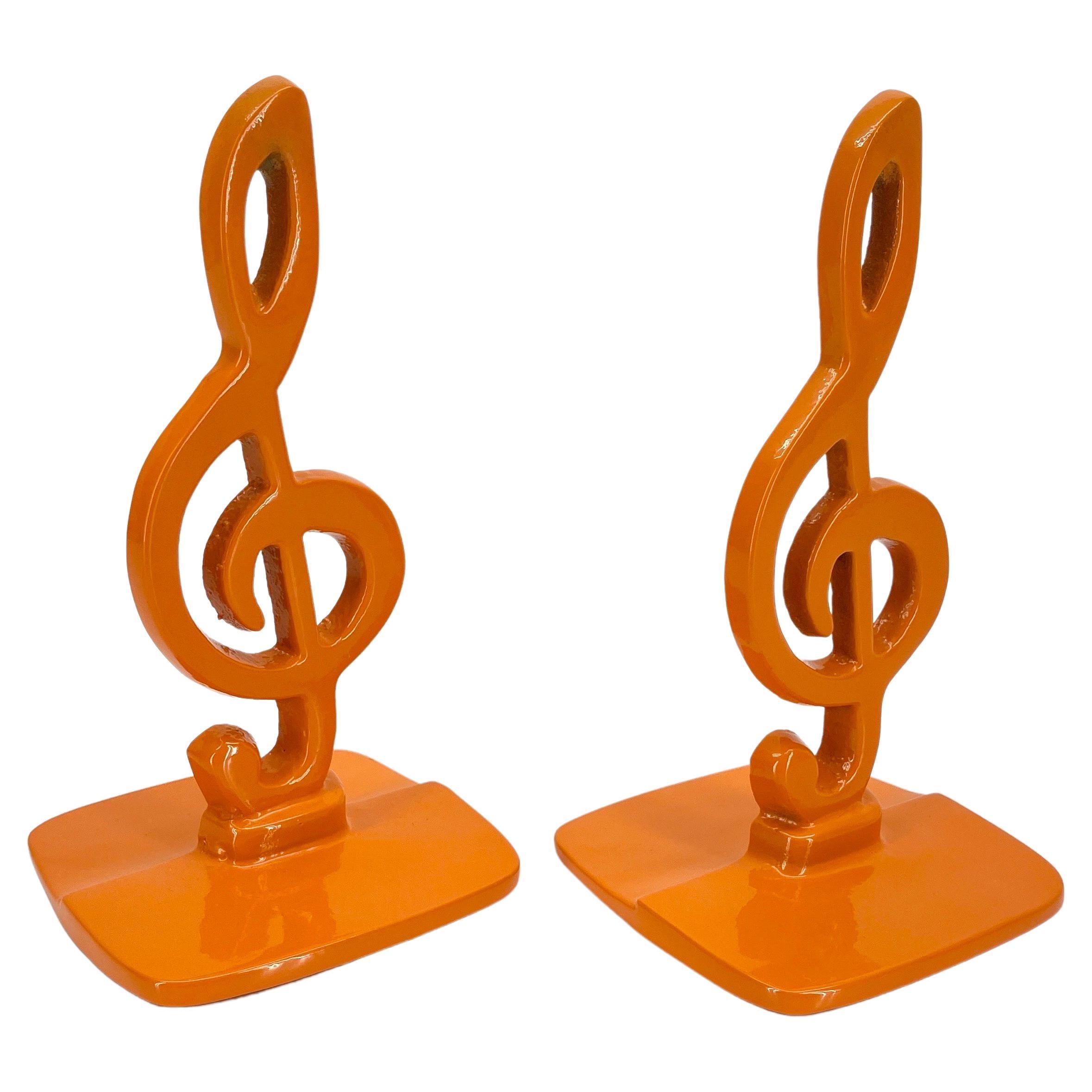 Mid-Century Modern Vintage Pair of Music Note Bookends, Powder-Coated Orange  For Sale
