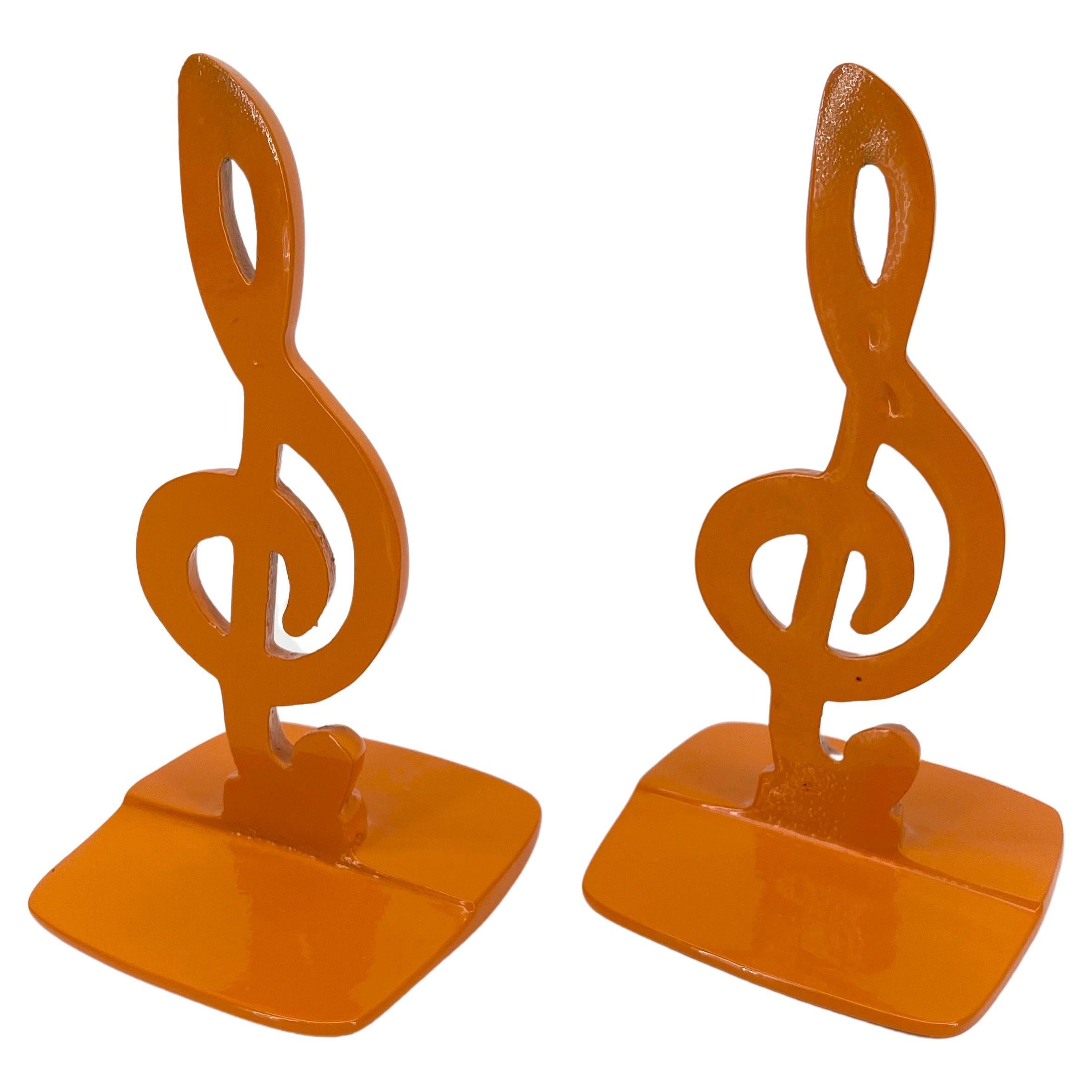 Hand-Crafted Vintage Pair of Music Note Bookends, Powder-Coated Orange  For Sale