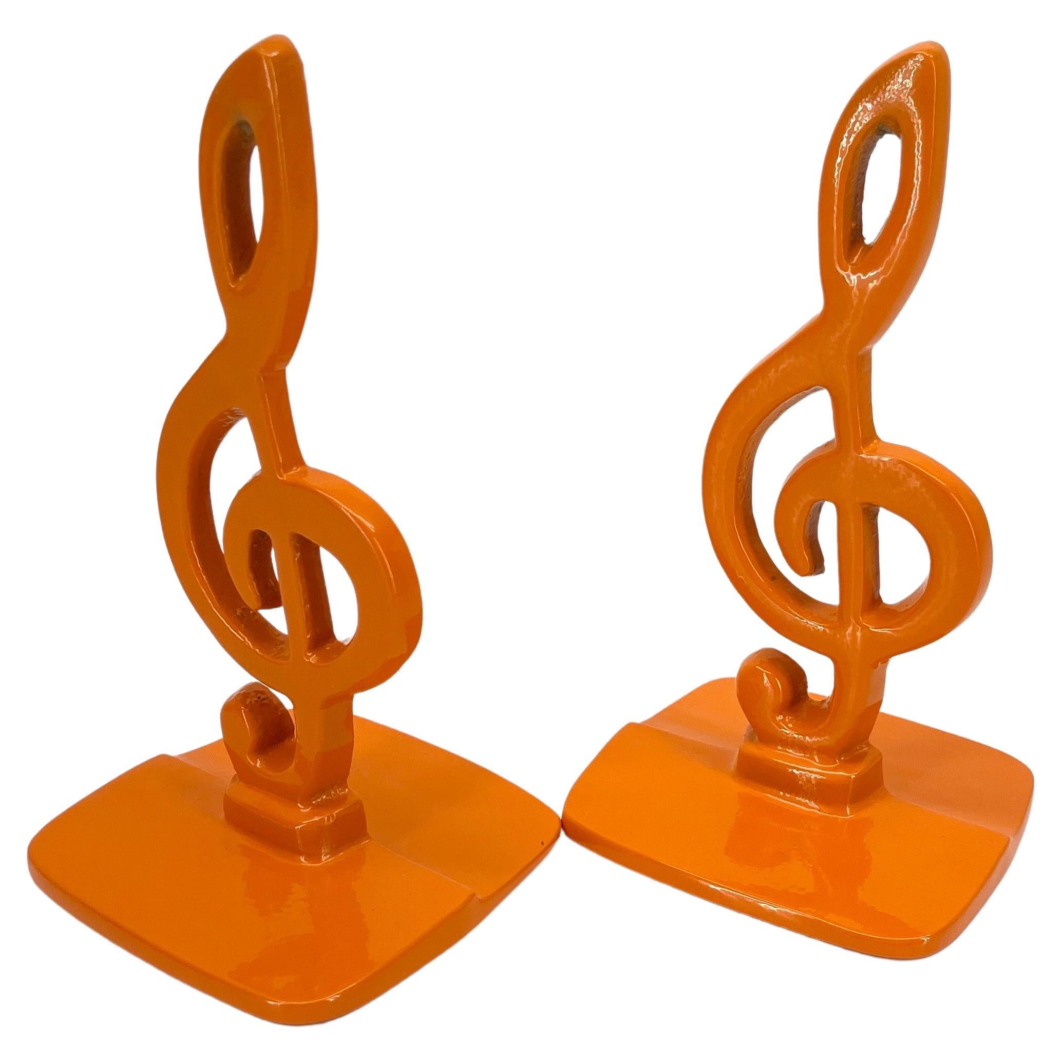 20th Century Vintage Pair of Music Note Bookends, Powder-Coated Orange  For Sale