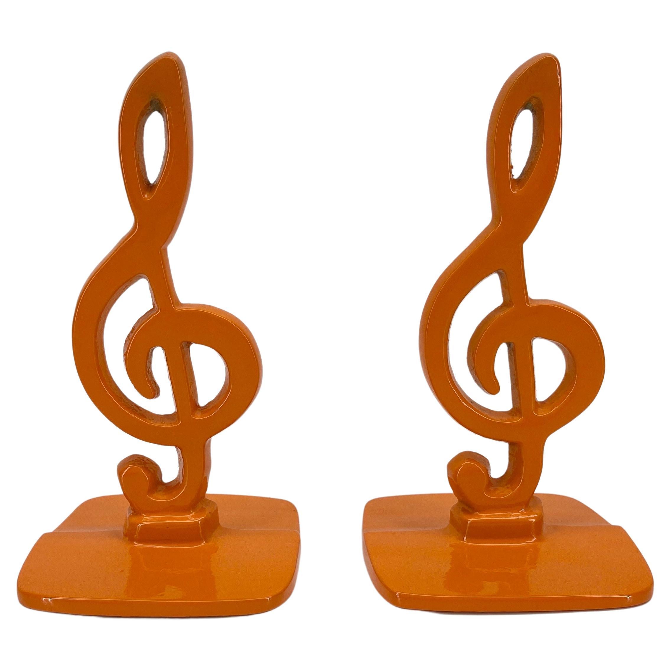 Vintage Pair of Music Note Bookends, Powder-Coated Orange 