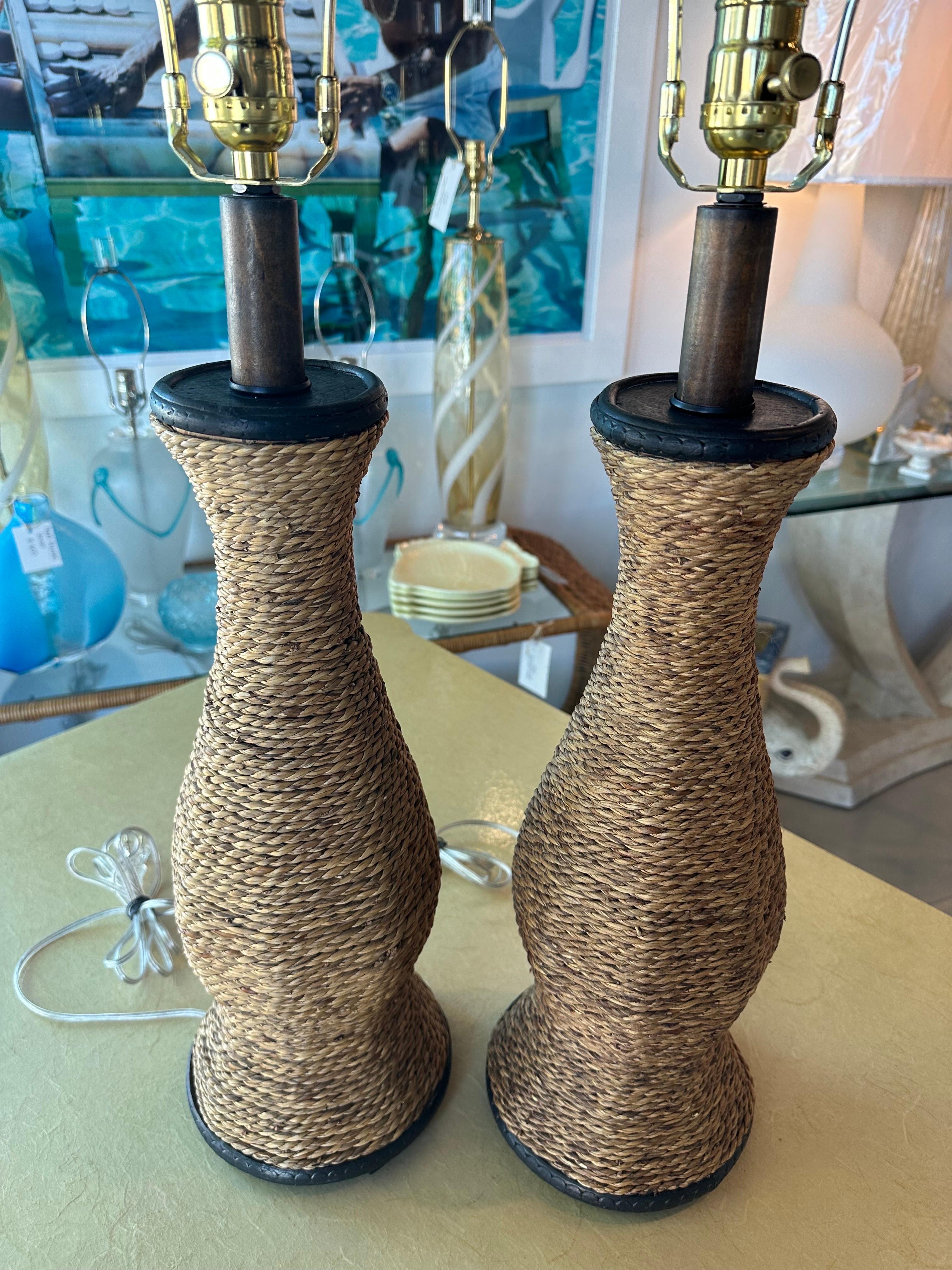 Vintage Pair of Nautical Rope Table Lamps Newly Wired New 3 Way Brass Sockets For Sale 7