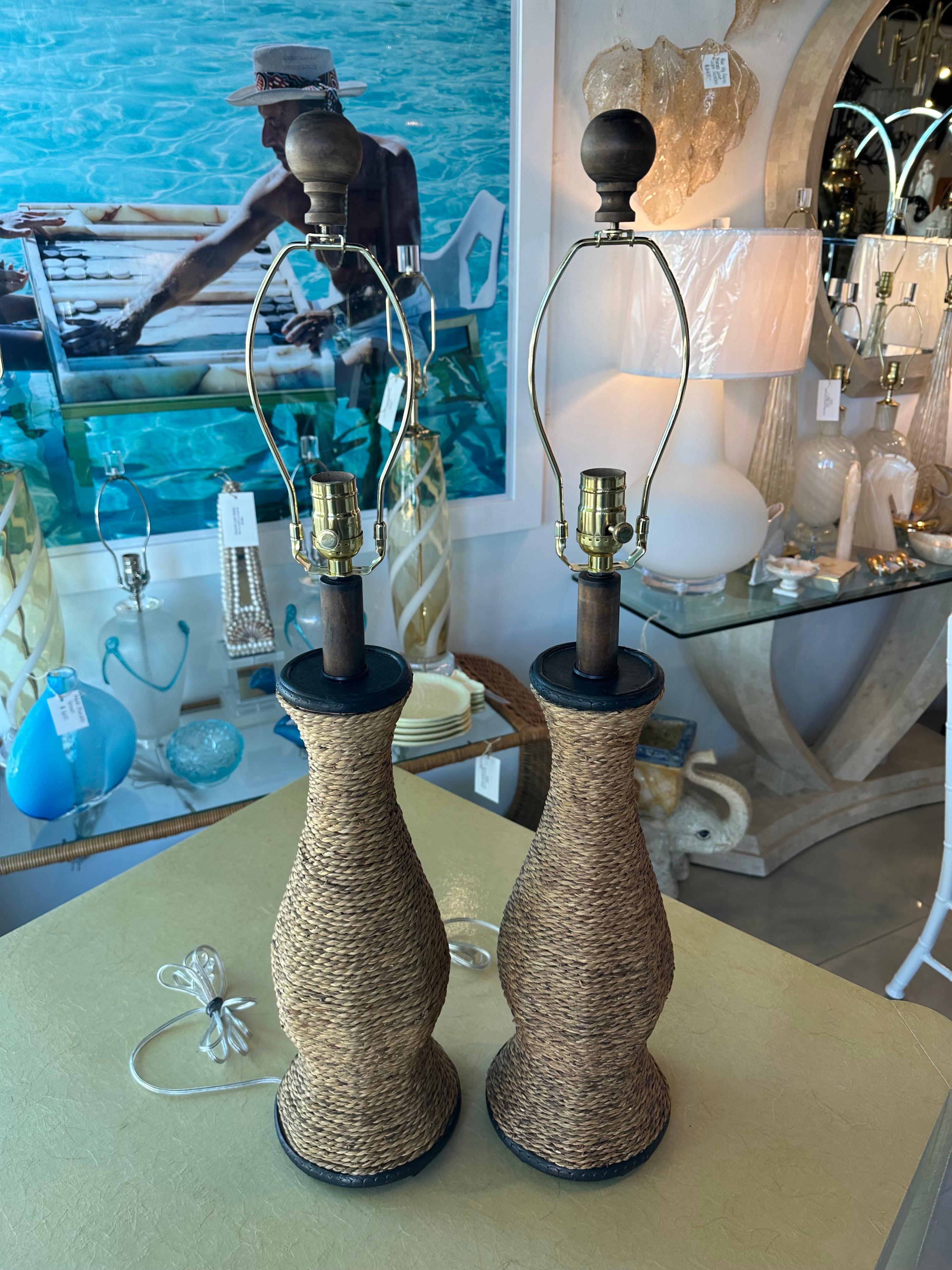 Vintage Pair of Nautical Rope Table Lamps Newly Wired New 3 Way Brass Sockets In Good Condition For Sale In West Palm Beach, FL