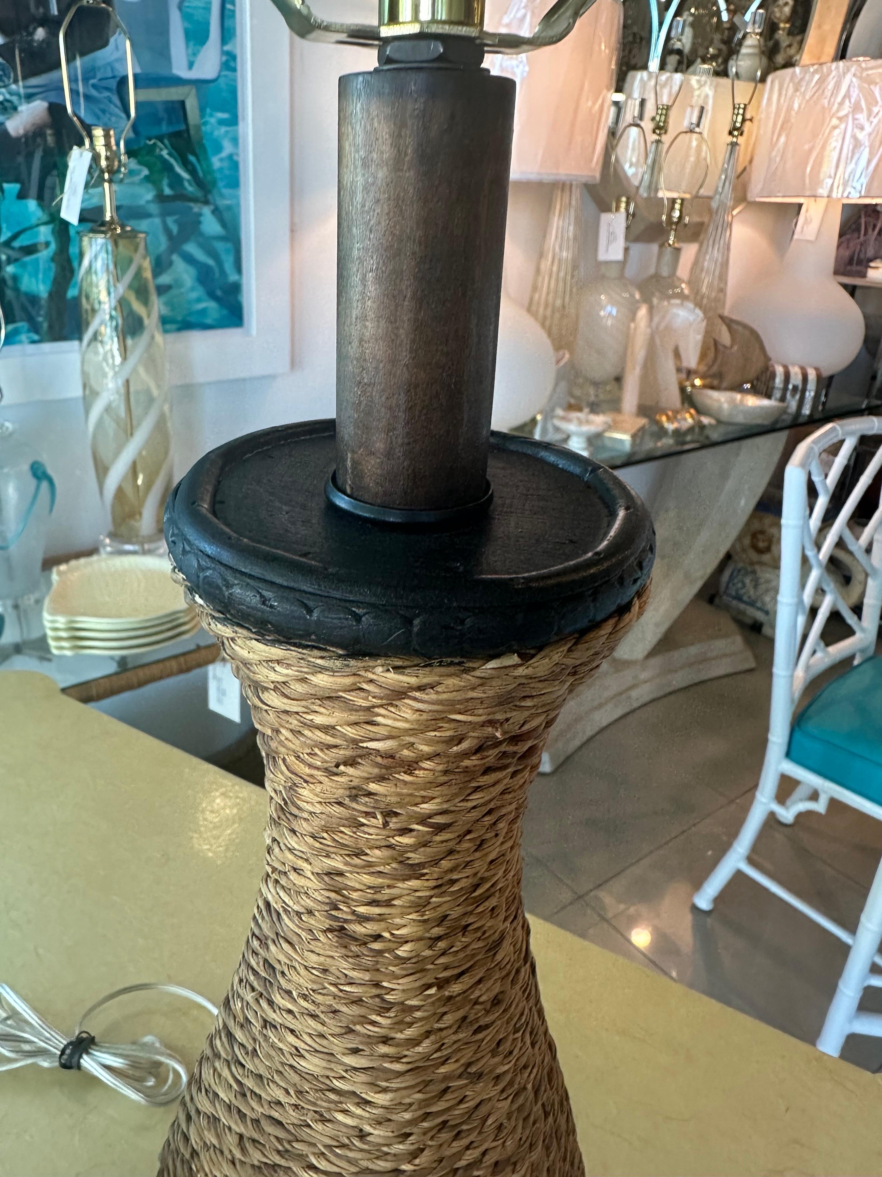 Late 20th Century Vintage Pair of Nautical Rope Table Lamps Newly Wired New 3 Way Brass Sockets For Sale