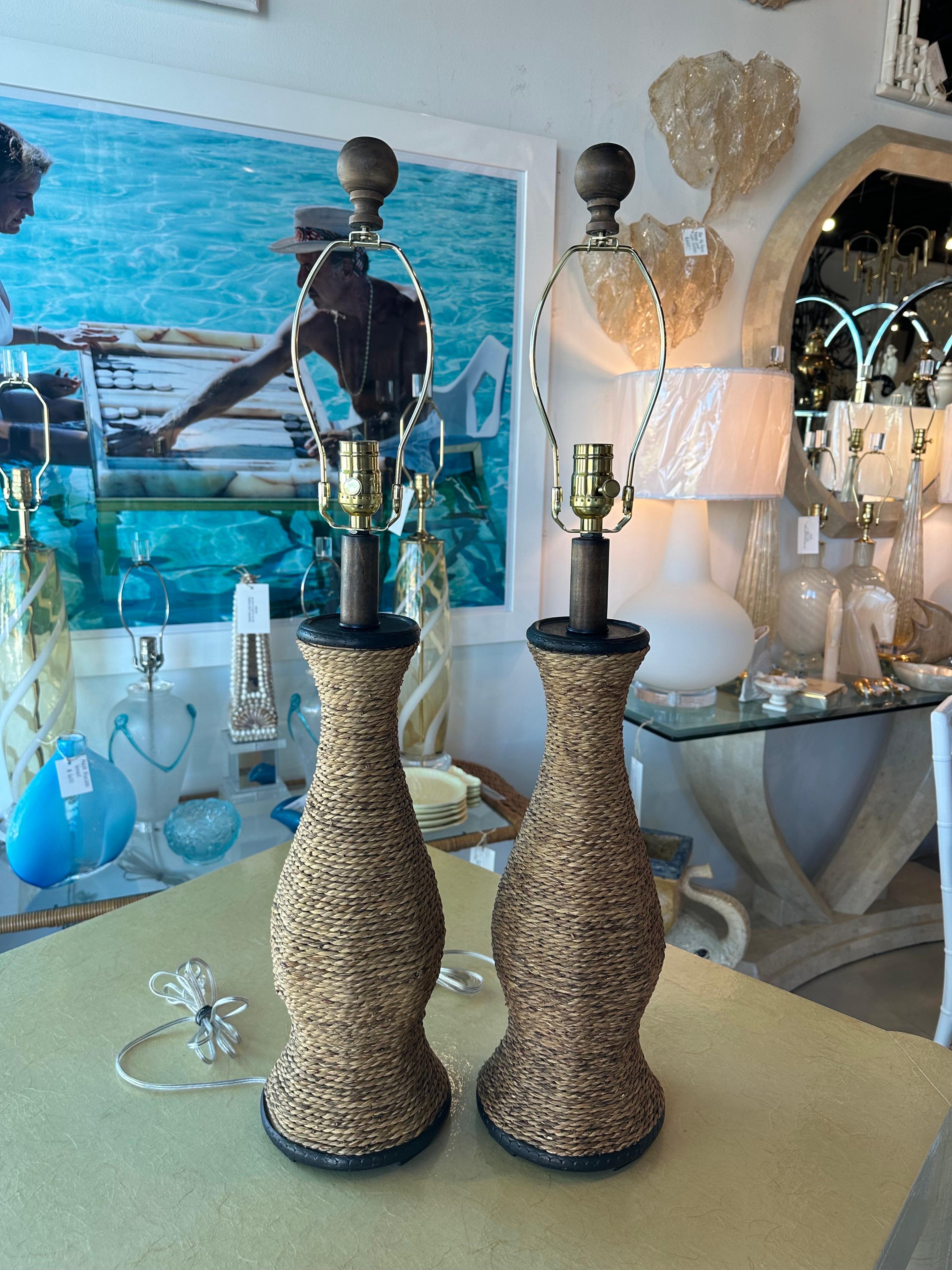 Vintage Pair of Nautical Rope Table Lamps Newly Wired New 3 Way Brass Sockets For Sale 1