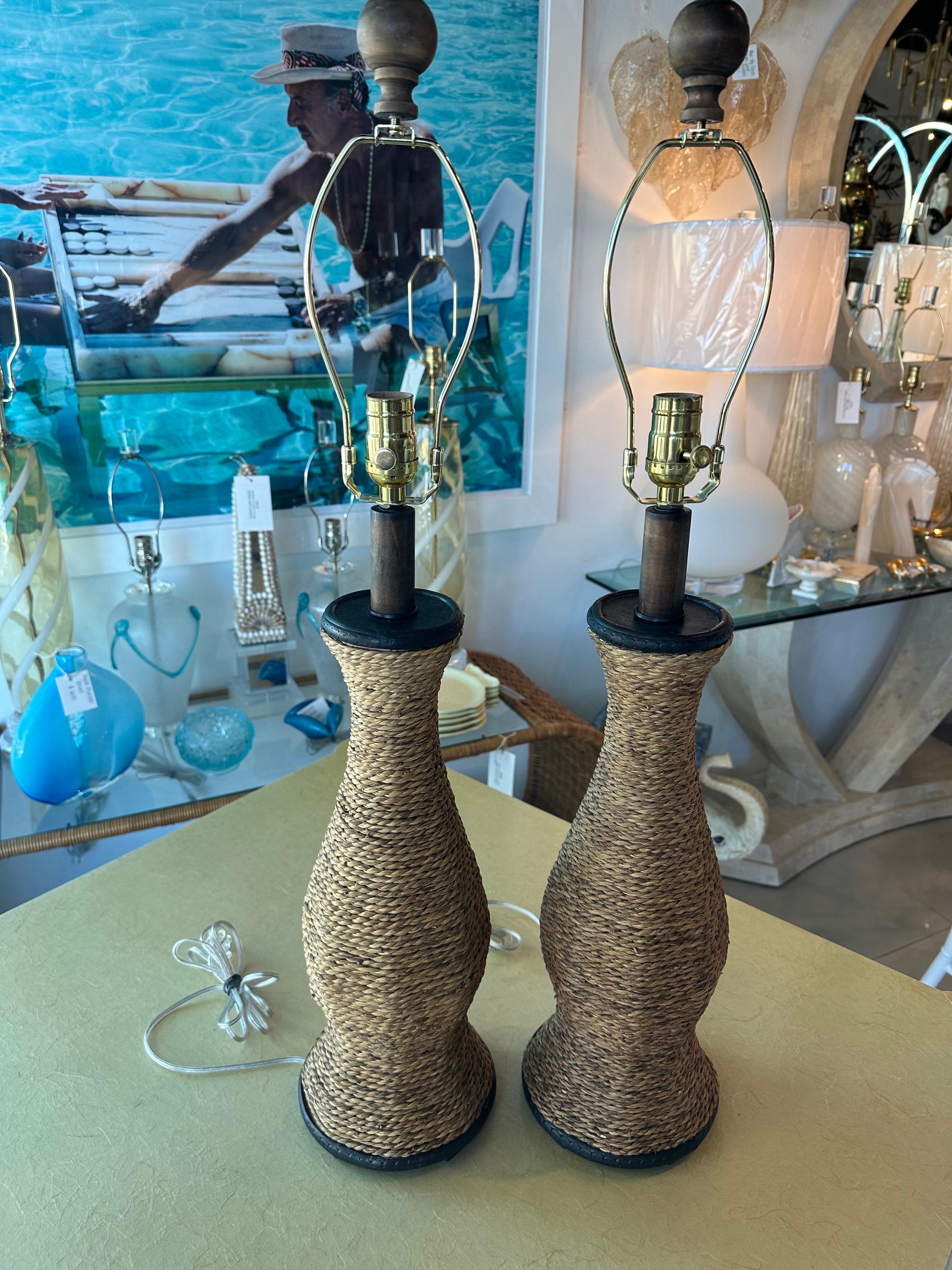 Vintage Pair of Nautical Rope Table Lamps Newly Wired New 3 Way Brass Sockets For Sale 3
