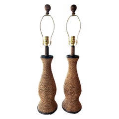 Pareja Vintage de Lámparas de Mesa de Cuerda Náutica Recién Cableadas Enchufes Nuevos de Latón de 3 Vías
