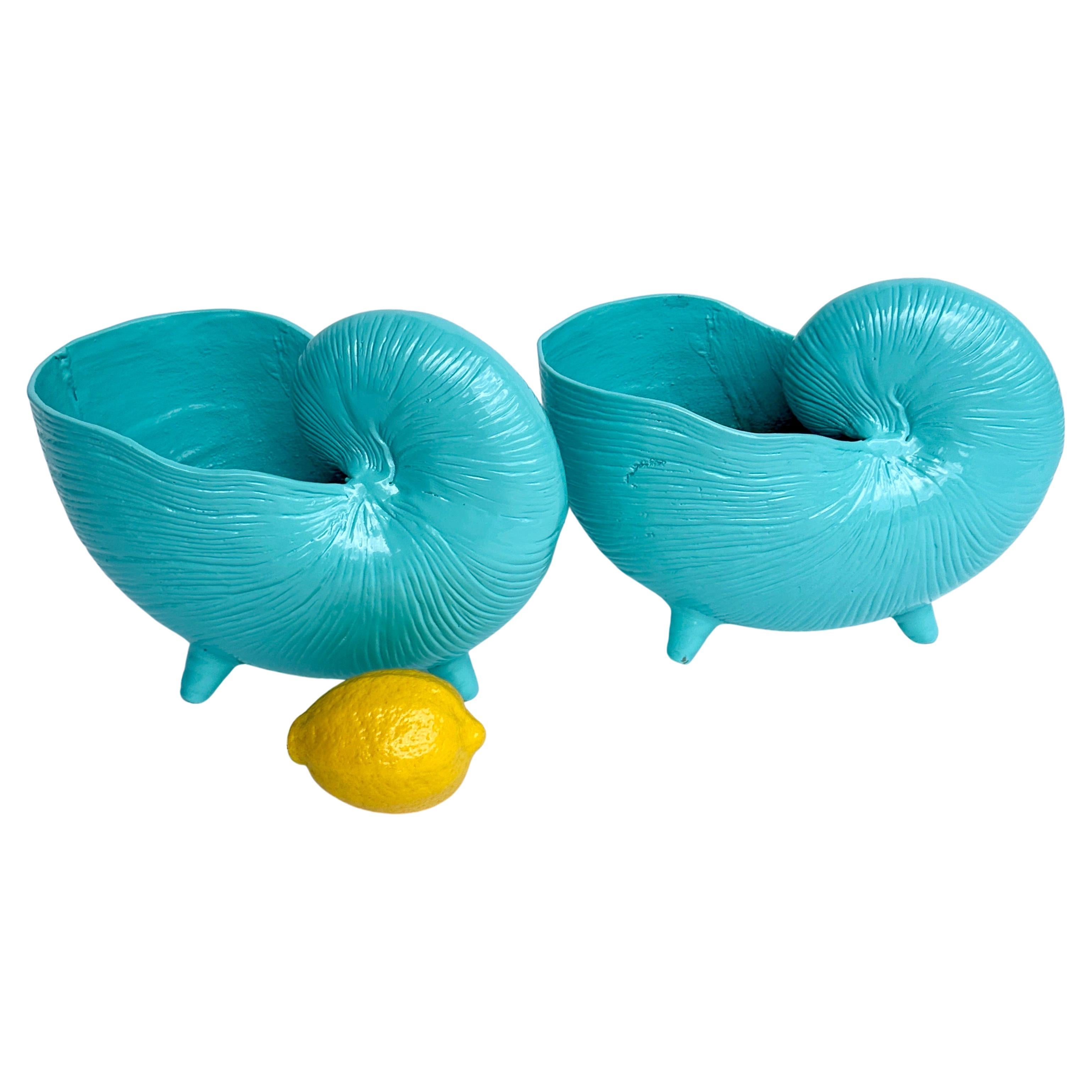 Solid Brass Seashell Nautilus Powder-Coated Blue Pair of Vintage Cachepots 
Stunning stand-alone pieces well suited as centerpieces on a table. The size of these also makes them functional to hold mail or as a catch all in any formal or informal