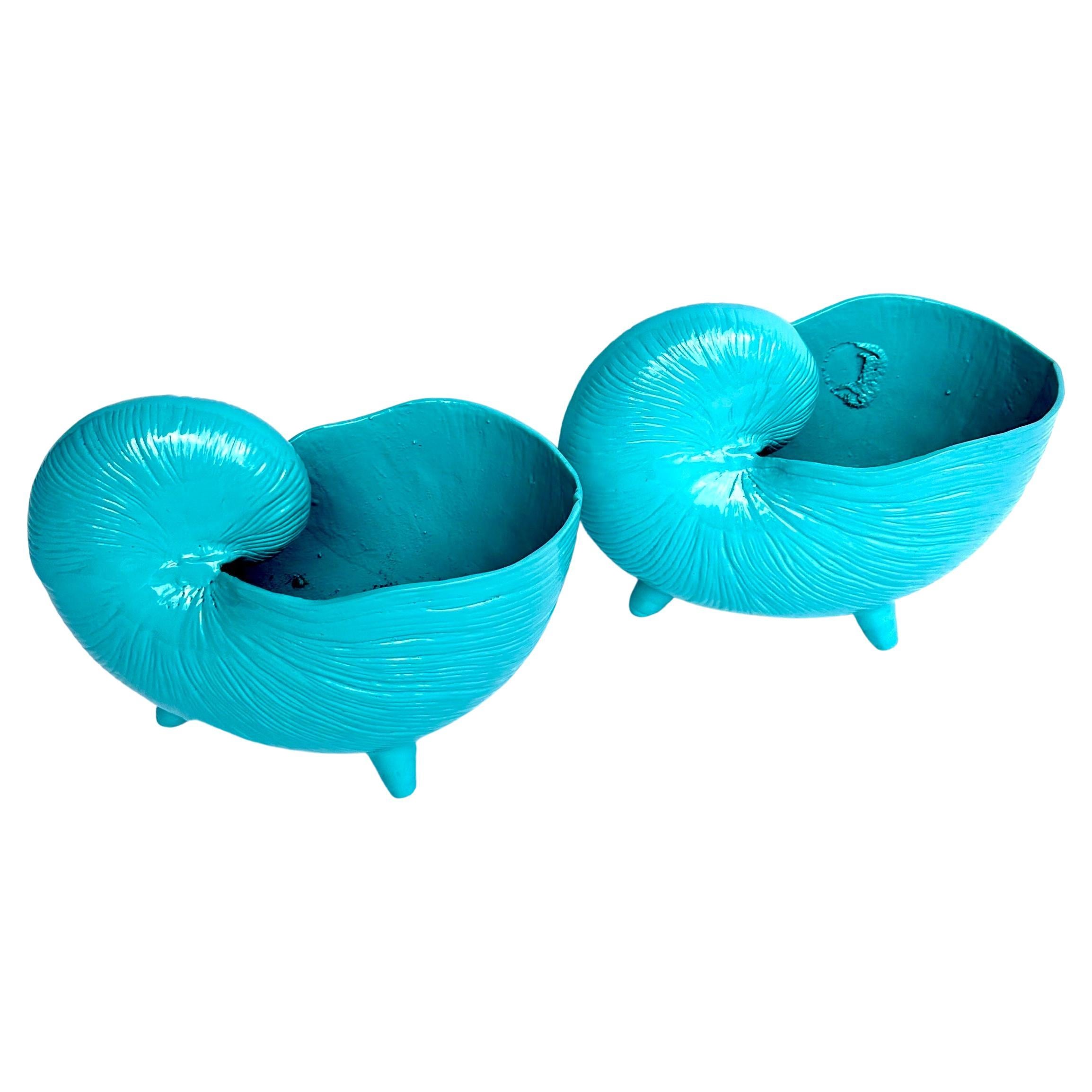 Hand-Crafted Vintage Pair of Nautilus Planters or Jardinières, Blue Powder-Coated  For Sale