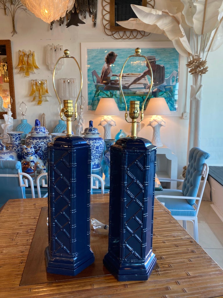Vintage Pair of Navy Blue & Brass Ceramic Faux Bamboo Table Lamps Newly Wired For Sale 5
