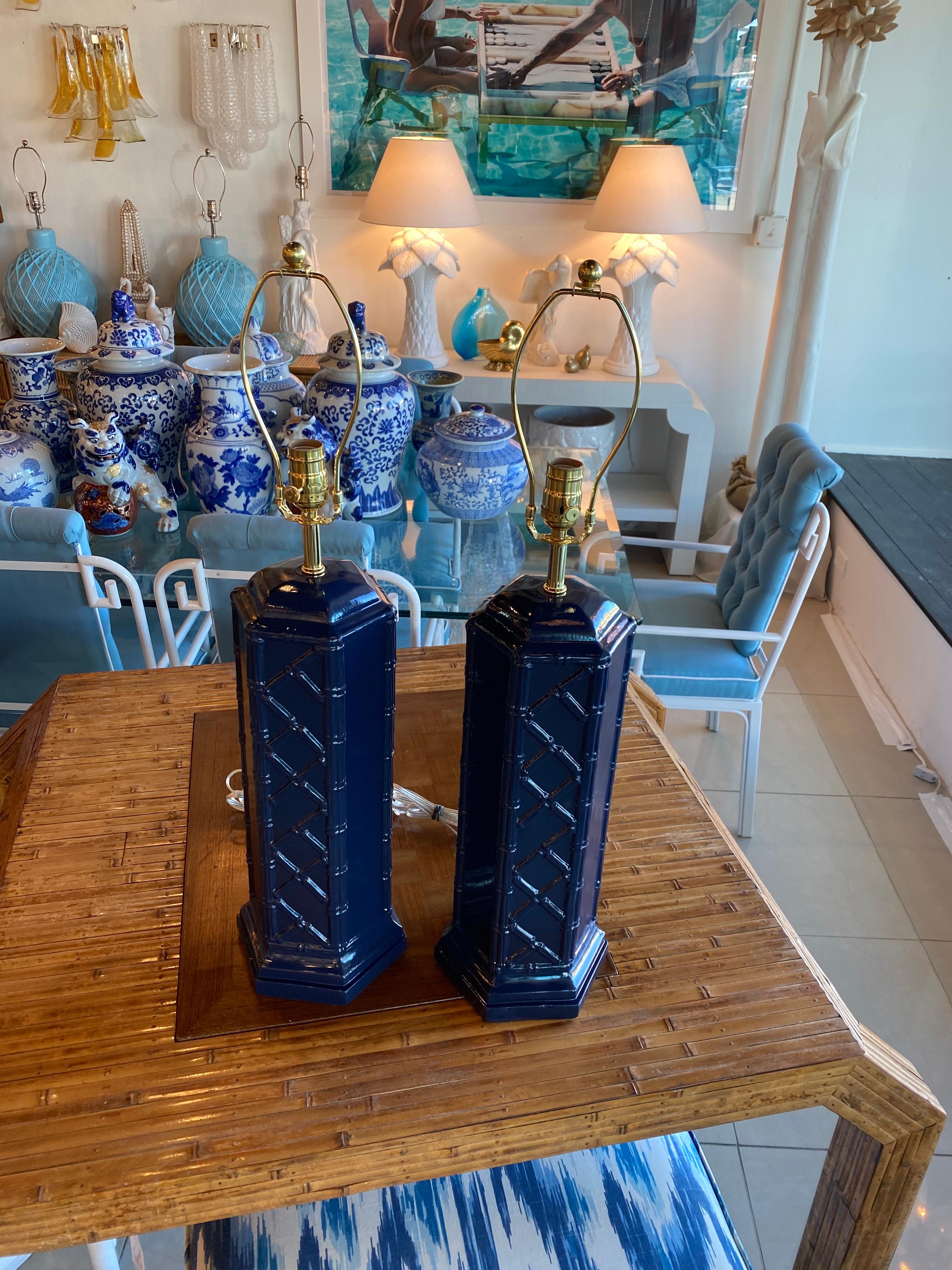 Vintage Pair of Navy Blue & Brass Ceramic Faux Bamboo Table Lamps Newly Wired 6