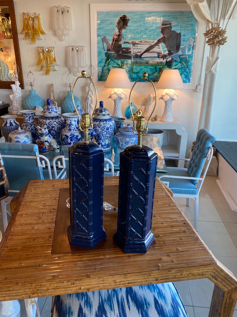 Vintage Pair of Navy Blue & Brass Ceramic Faux Bamboo Table Lamps Newly Wired For Sale 7