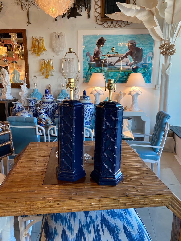 Vintage Pair of Navy Blue & Brass Ceramic Faux Bamboo Table Lamps Newly Wired For Sale 8