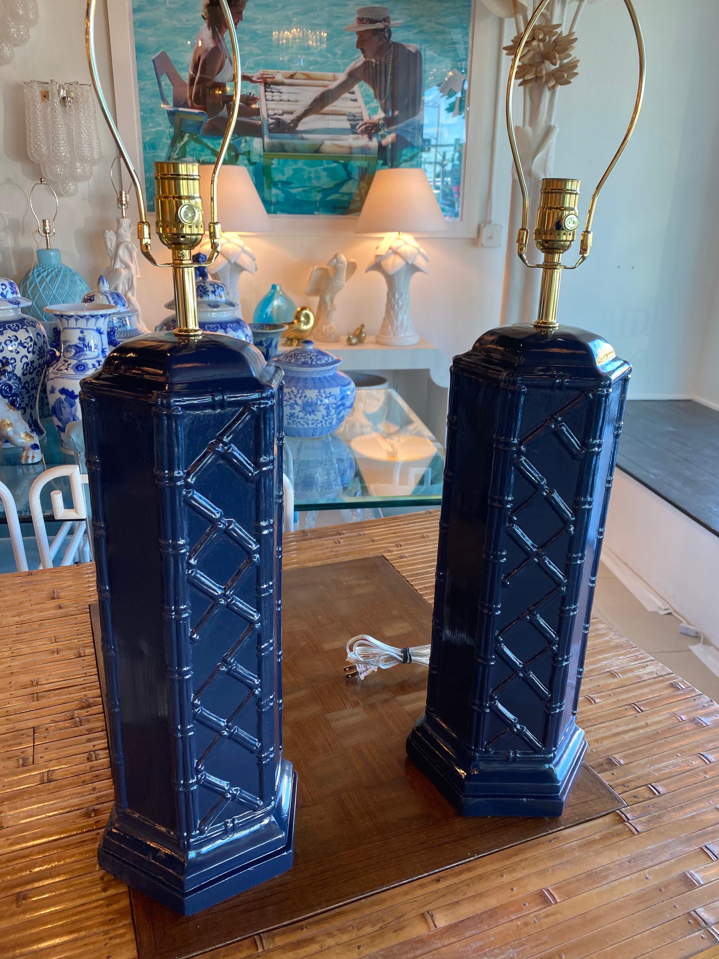 Hollywood Regency Vintage Pair of Navy Blue & Brass Ceramic Faux Bamboo Table Lamps Newly Wired