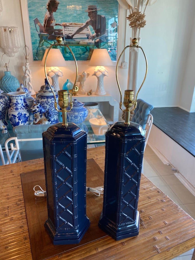 Vintage Pair of Navy Blue & Brass Ceramic Faux Bamboo Table Lamps Newly Wired In Good Condition For Sale In West Palm Beach, FL
