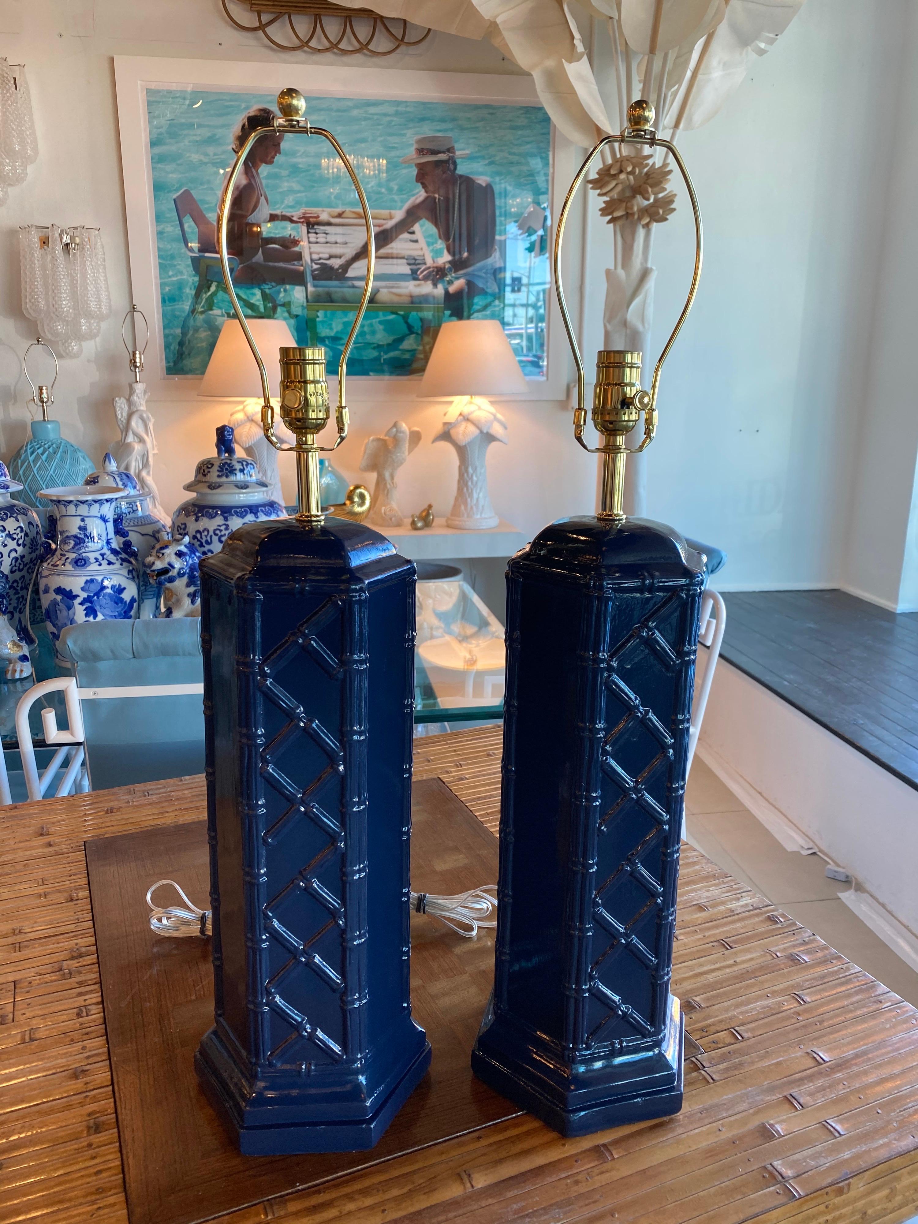 Late 20th Century Vintage Pair of Navy Blue & Brass Ceramic Faux Bamboo Table Lamps Newly Wired