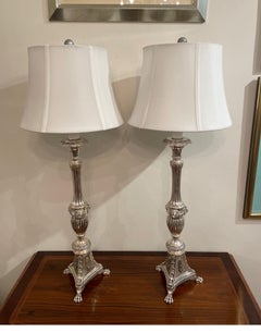 Vintage Pair of Neoclassical Silver Plate Candlestick Lamps