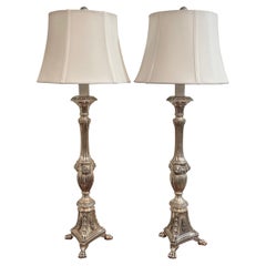 Vintage Pair of Neoclassical Silver Plate Candlestick Lamps