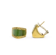 Vintage Pair of Nephrite Jade and Diamond Earrings Set in 18 Carat Gold
