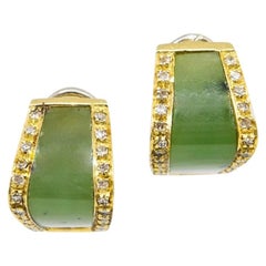 Vintage Pair of Nephrite Jade and Diamond Earrings Set in 18 Carat Gold