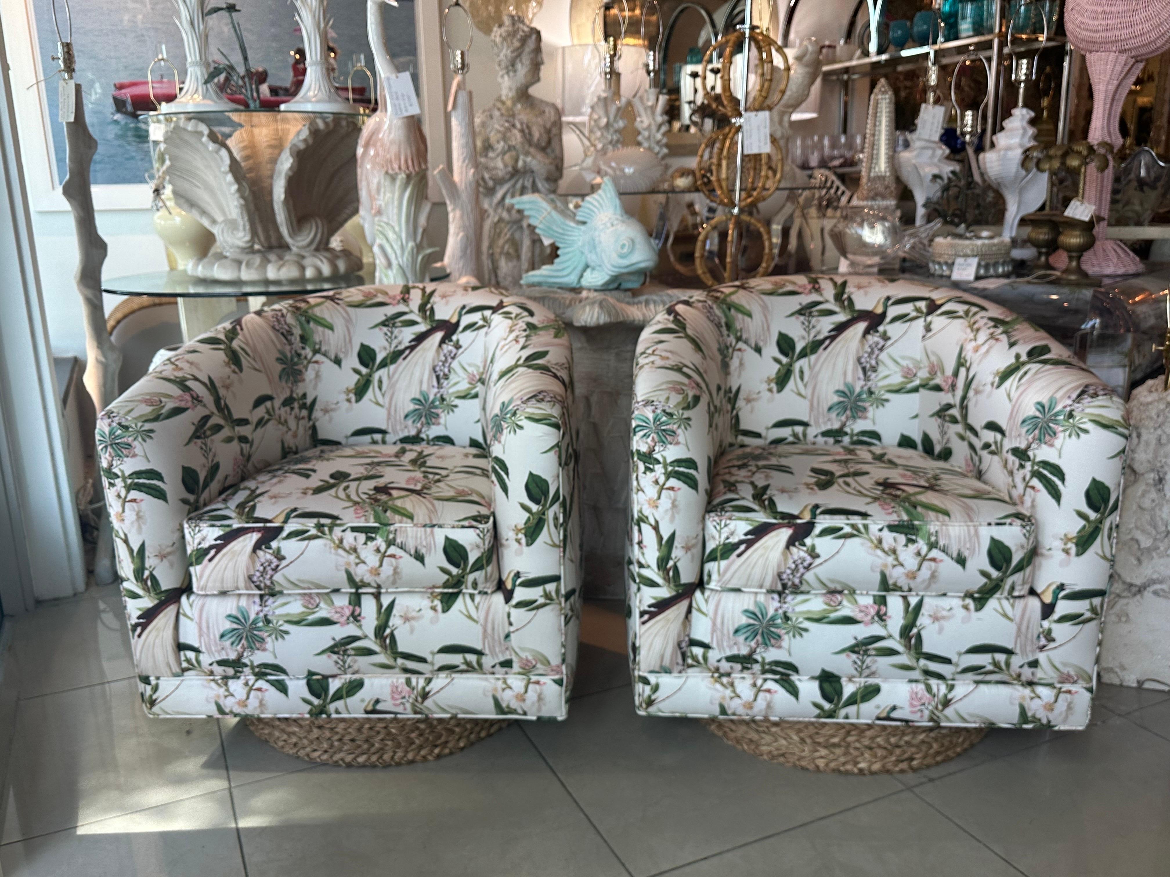 Vintage Pair of Newly Upholstered Botanical Bird Swivel Chairs Seagrass Base 3