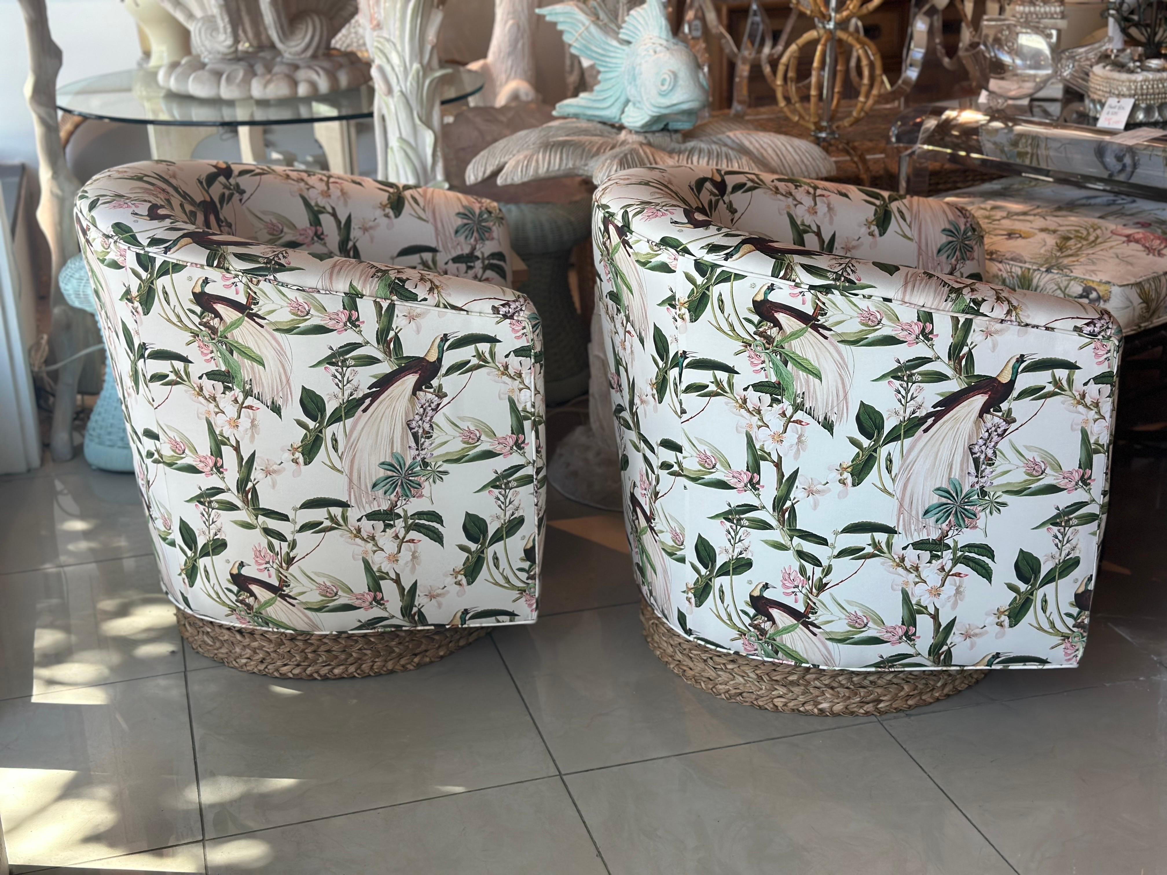 Vintage Pair of Newly Upholstered Botanical Bird Swivel Chairs Seagrass Base 4