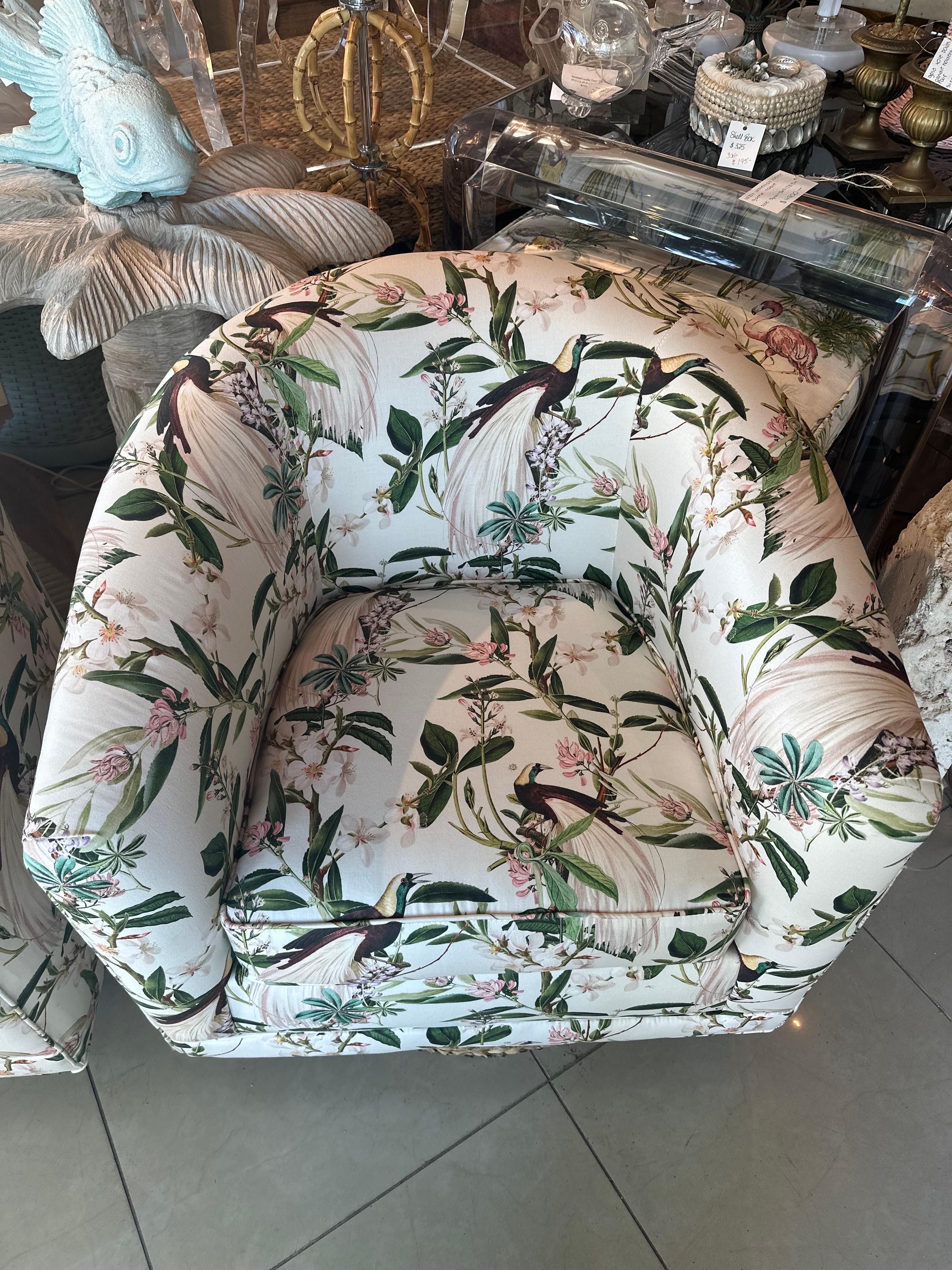 Vintage Pair of Newly Upholstered Botanical Bird Swivel Chairs Seagrass Base 5