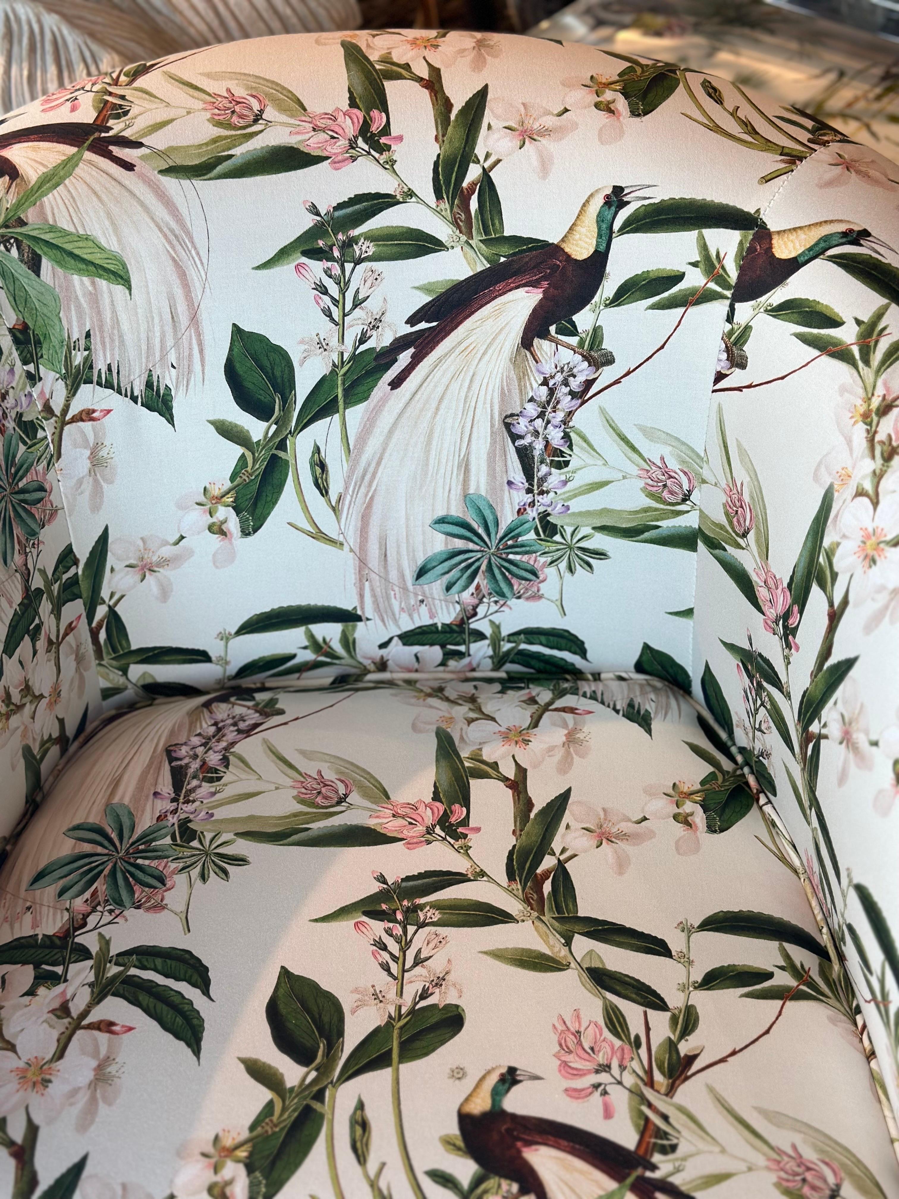 Vintage Pair of Newly Upholstered Botanical Bird Swivel Chairs Seagrass Base 7