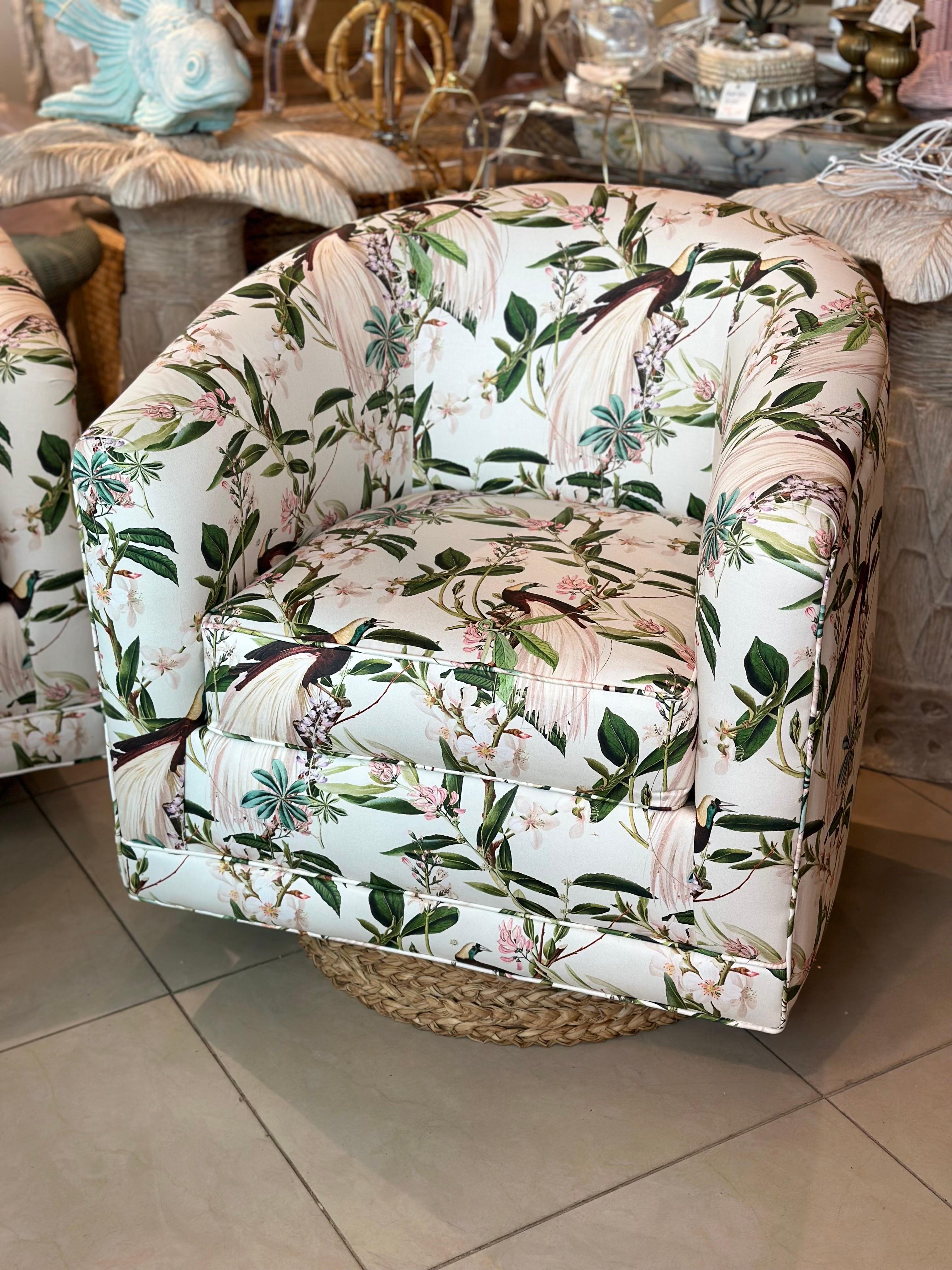 Vintage Pair of Newly Upholstered Botanical Bird Swivel Chairs Seagrass Base 8