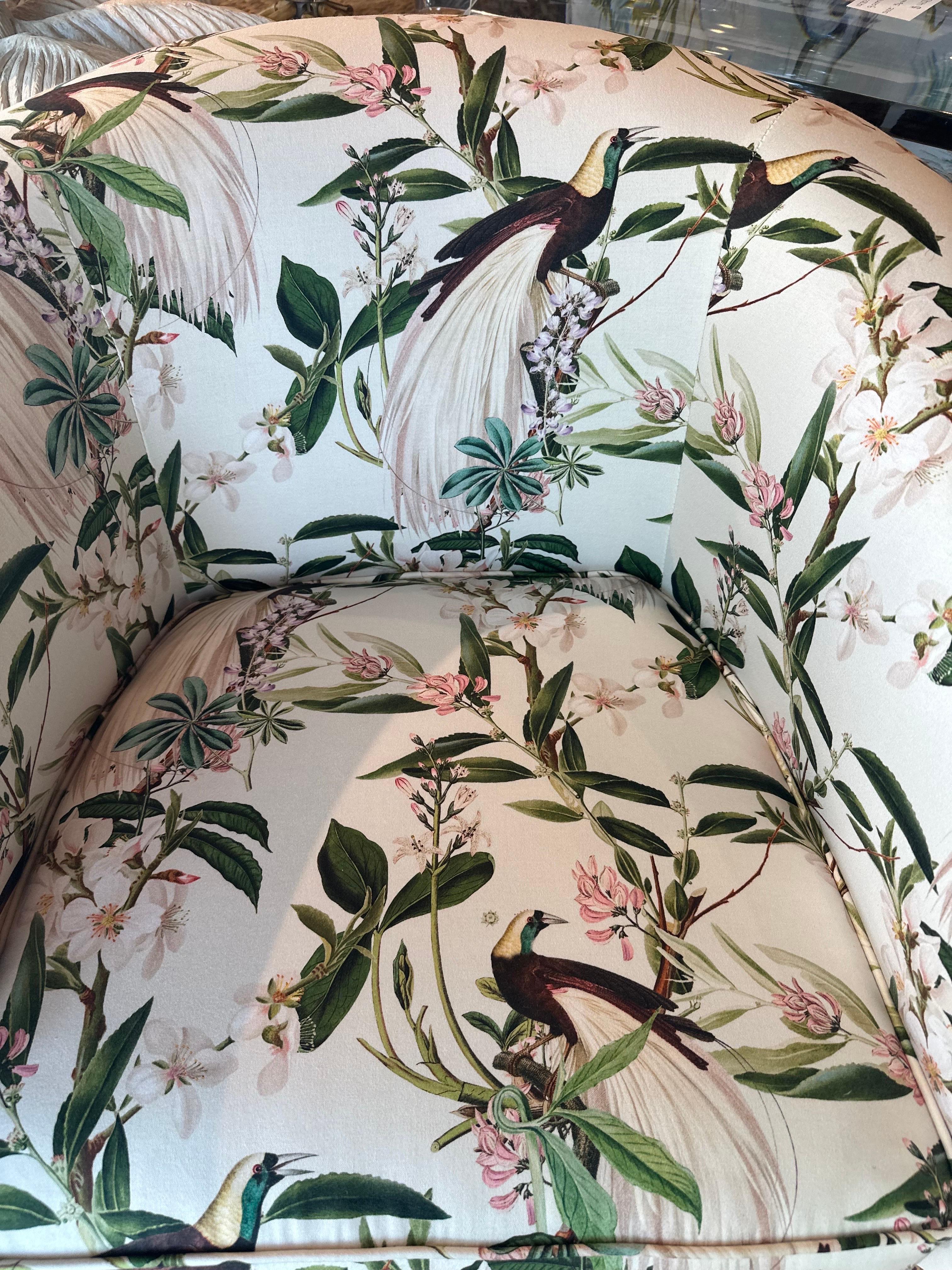 Hollywood Regency Vintage Pair of Newly Upholstered Botanical Bird Swivel Chairs Seagrass Base