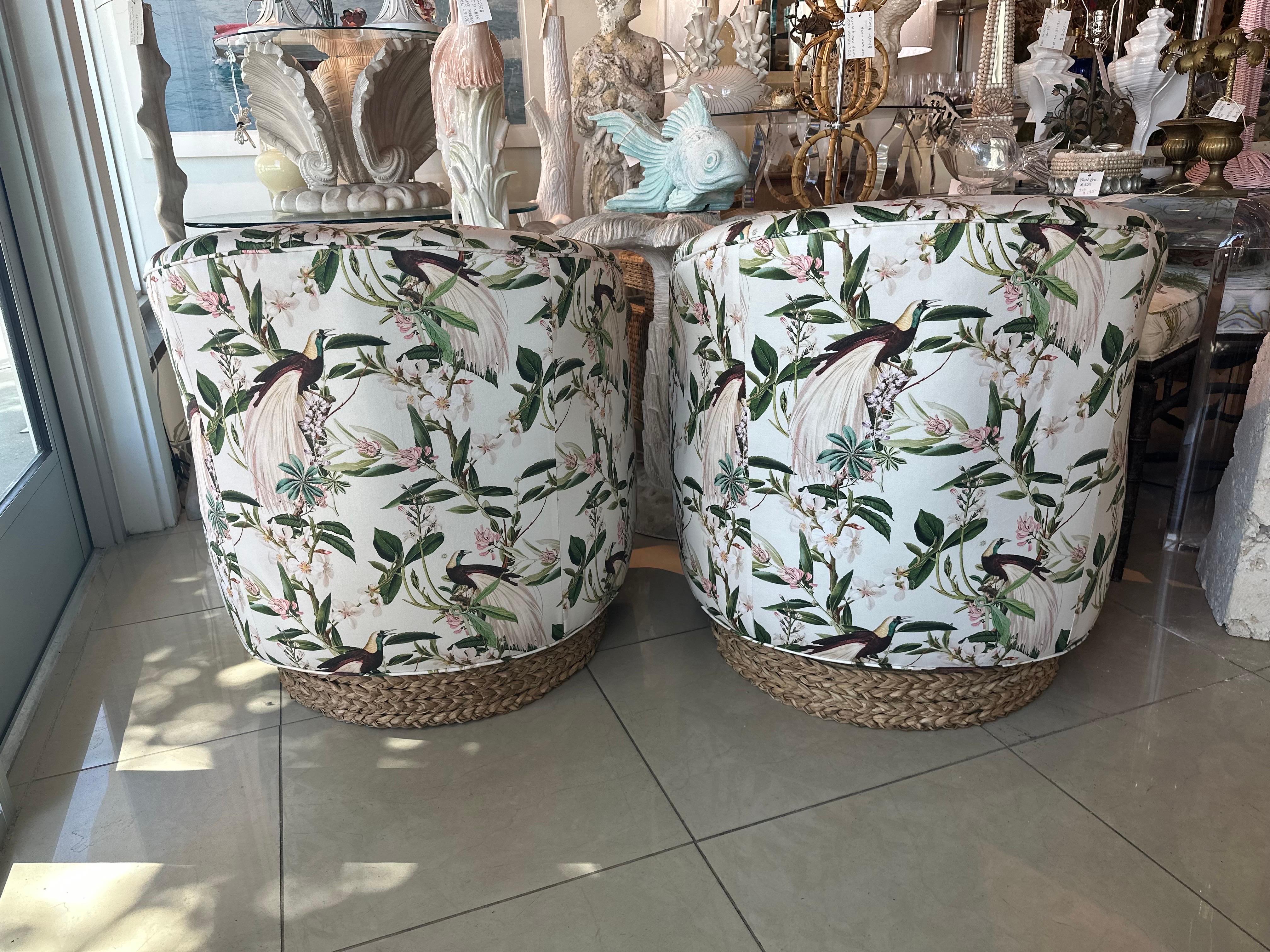 American Vintage Pair of Newly Upholstered Botanical Bird Swivel Chairs Seagrass Base