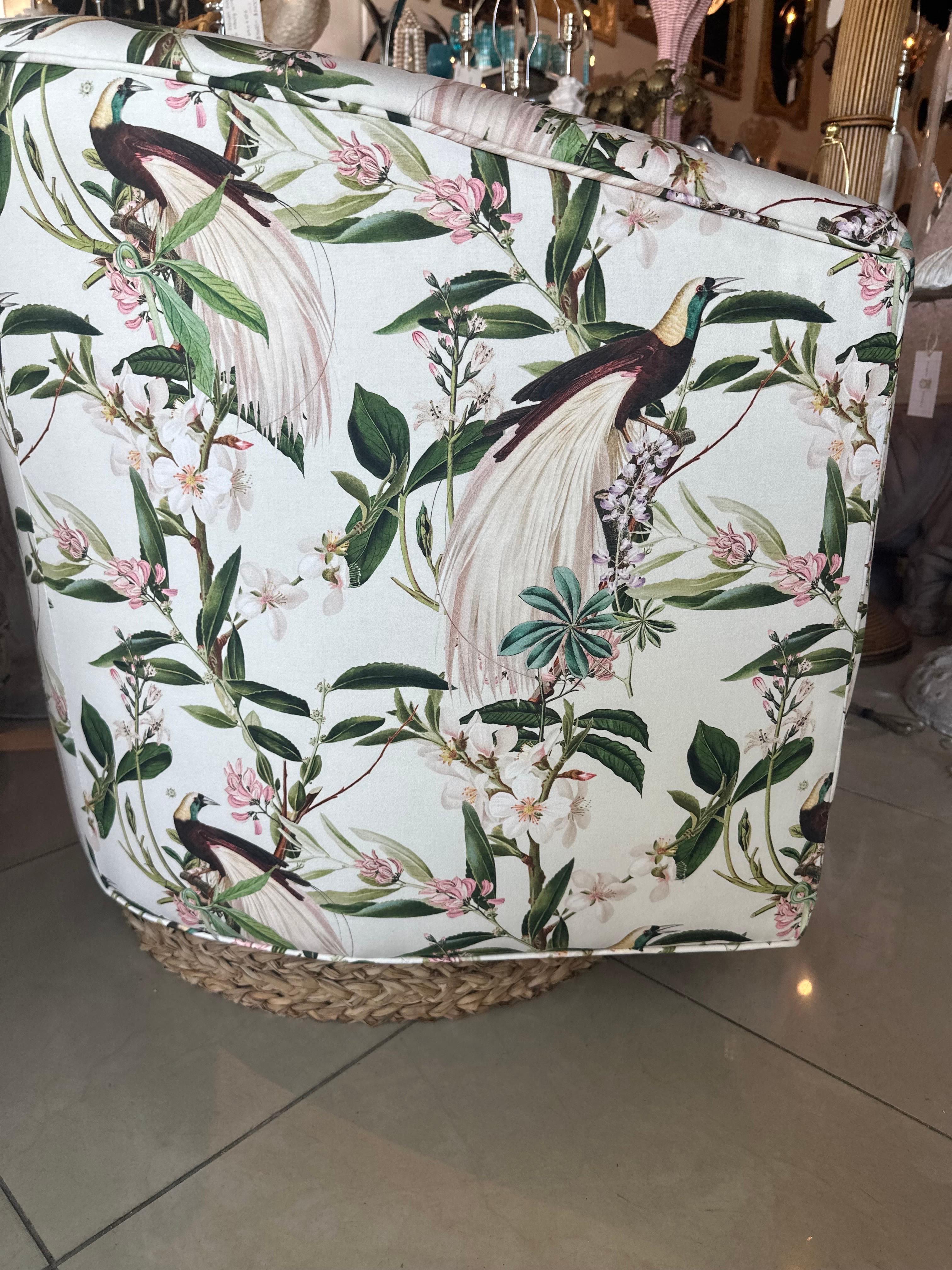 Vintage Pair of Newly Upholstered Botanical Bird Swivel Chairs Seagrass Base In Good Condition In West Palm Beach, FL