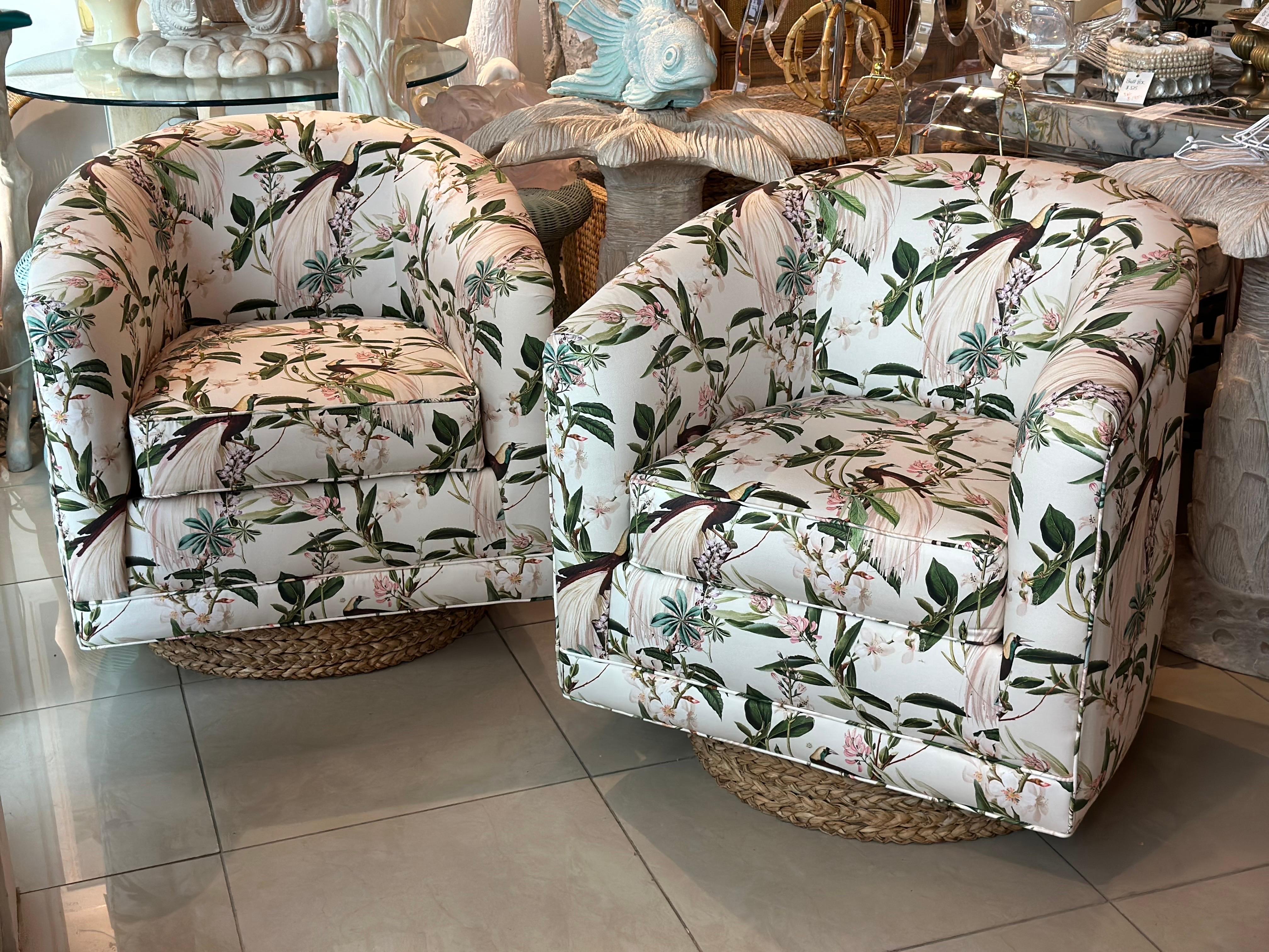 Late 20th Century Vintage Pair of Newly Upholstered Botanical Bird Swivel Chairs Seagrass Base