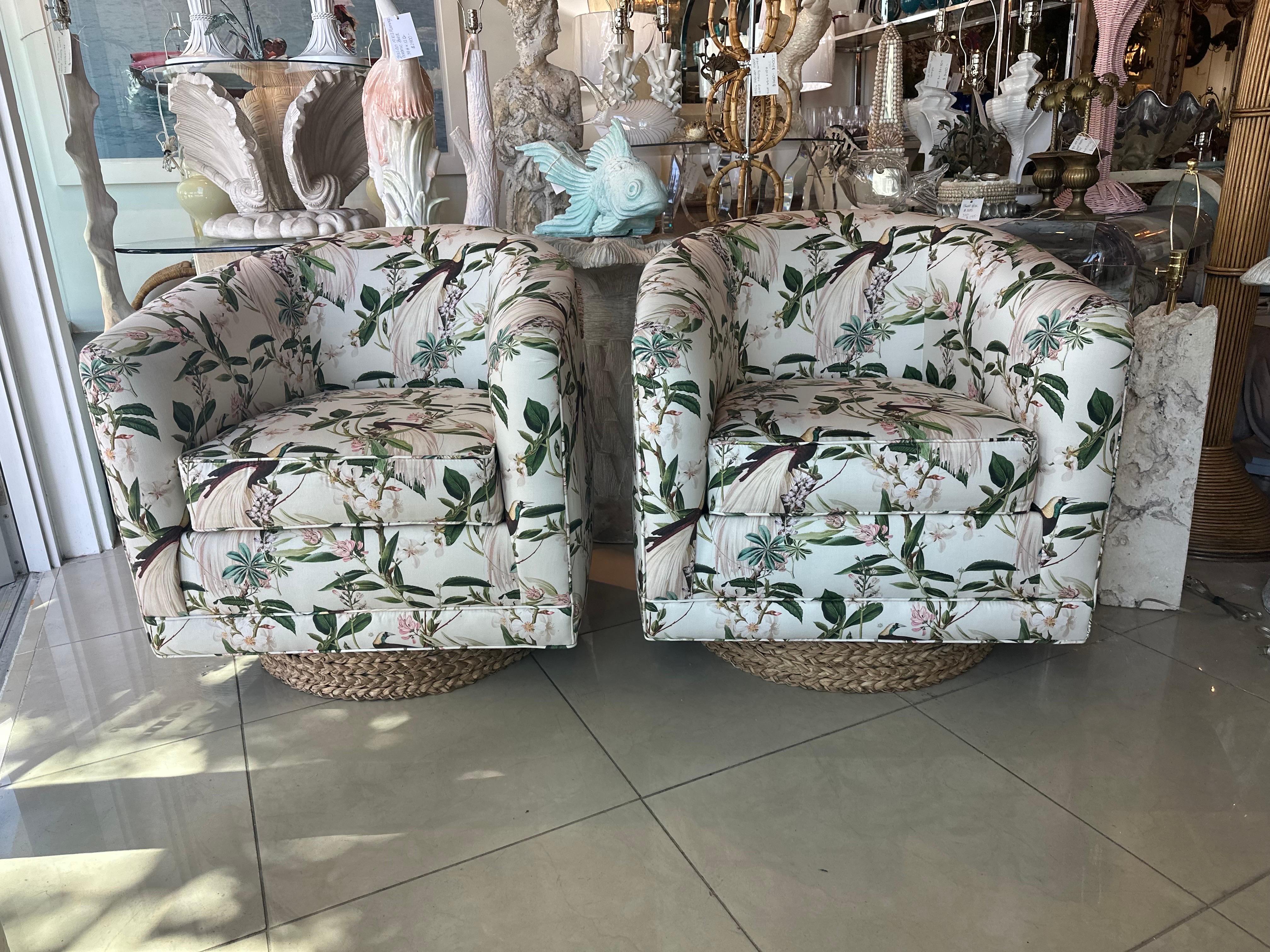 Upholstery Vintage Pair of Newly Upholstered Botanical Bird Swivel Chairs Seagrass Base