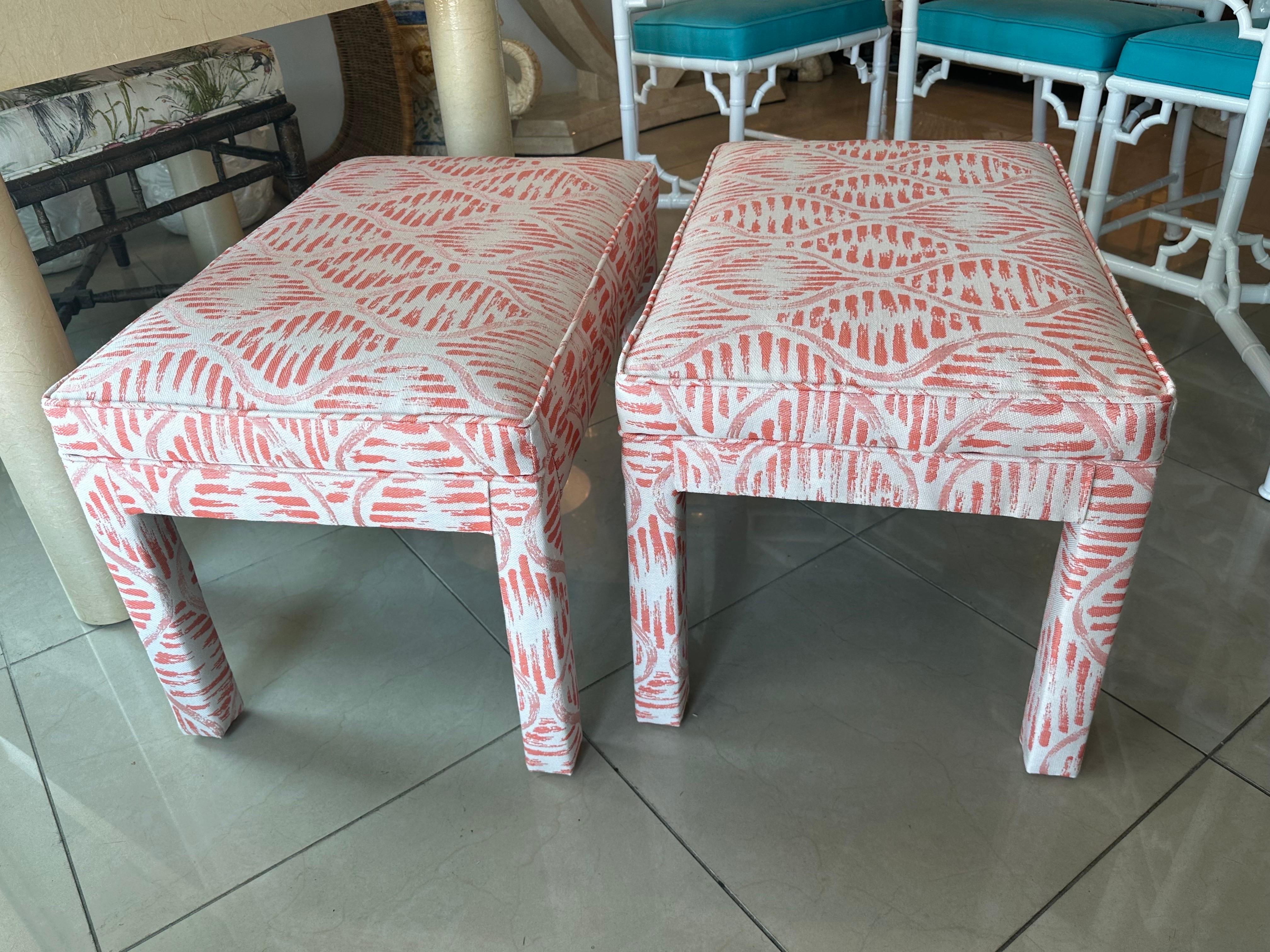 Vintage Pair of Newly Upholstered Coral Parsons Benches Ottomans Stools For Sale 2