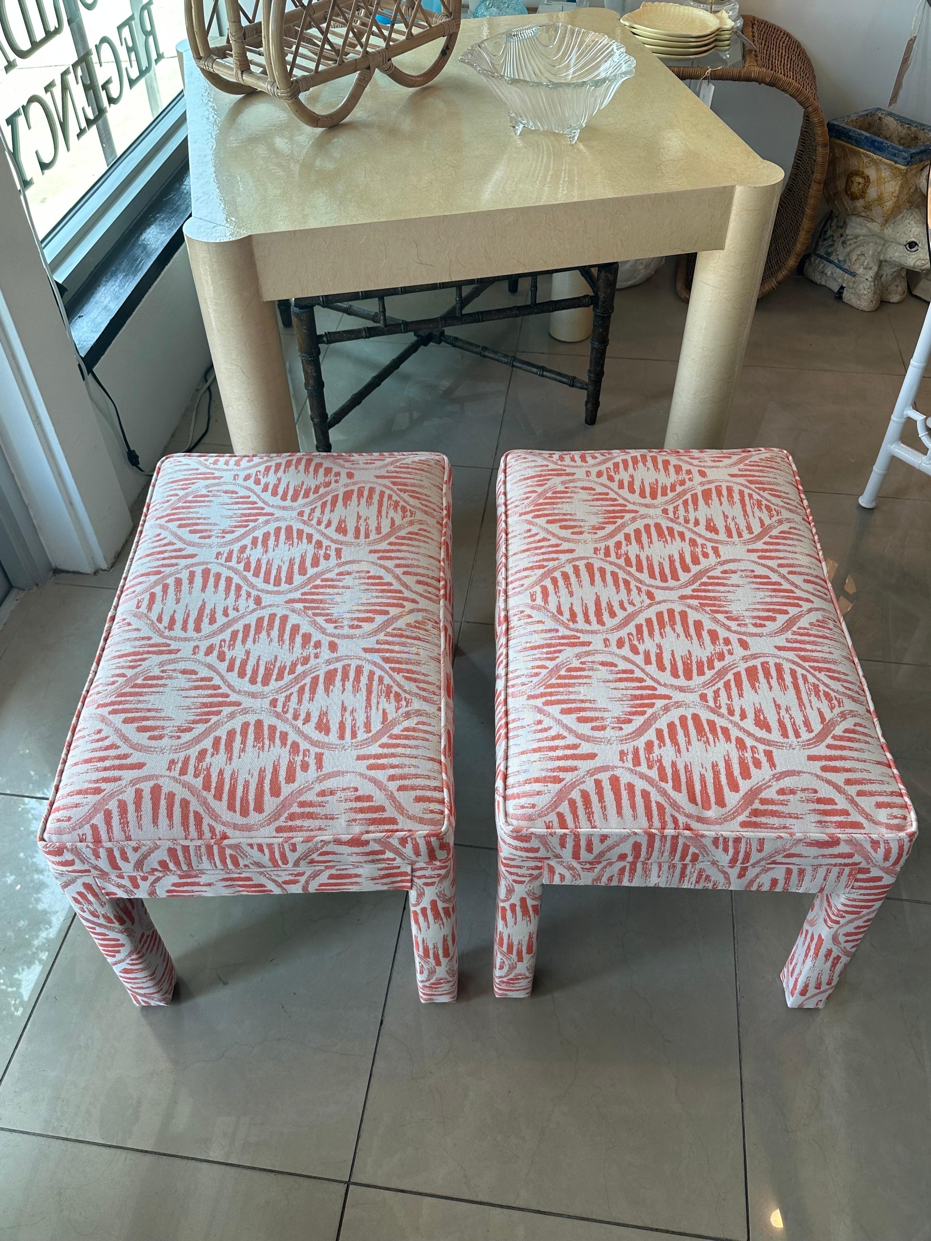 Vintage Pair of Newly Upholstered Coral Parsons Benches Ottomans Stools For Sale 3