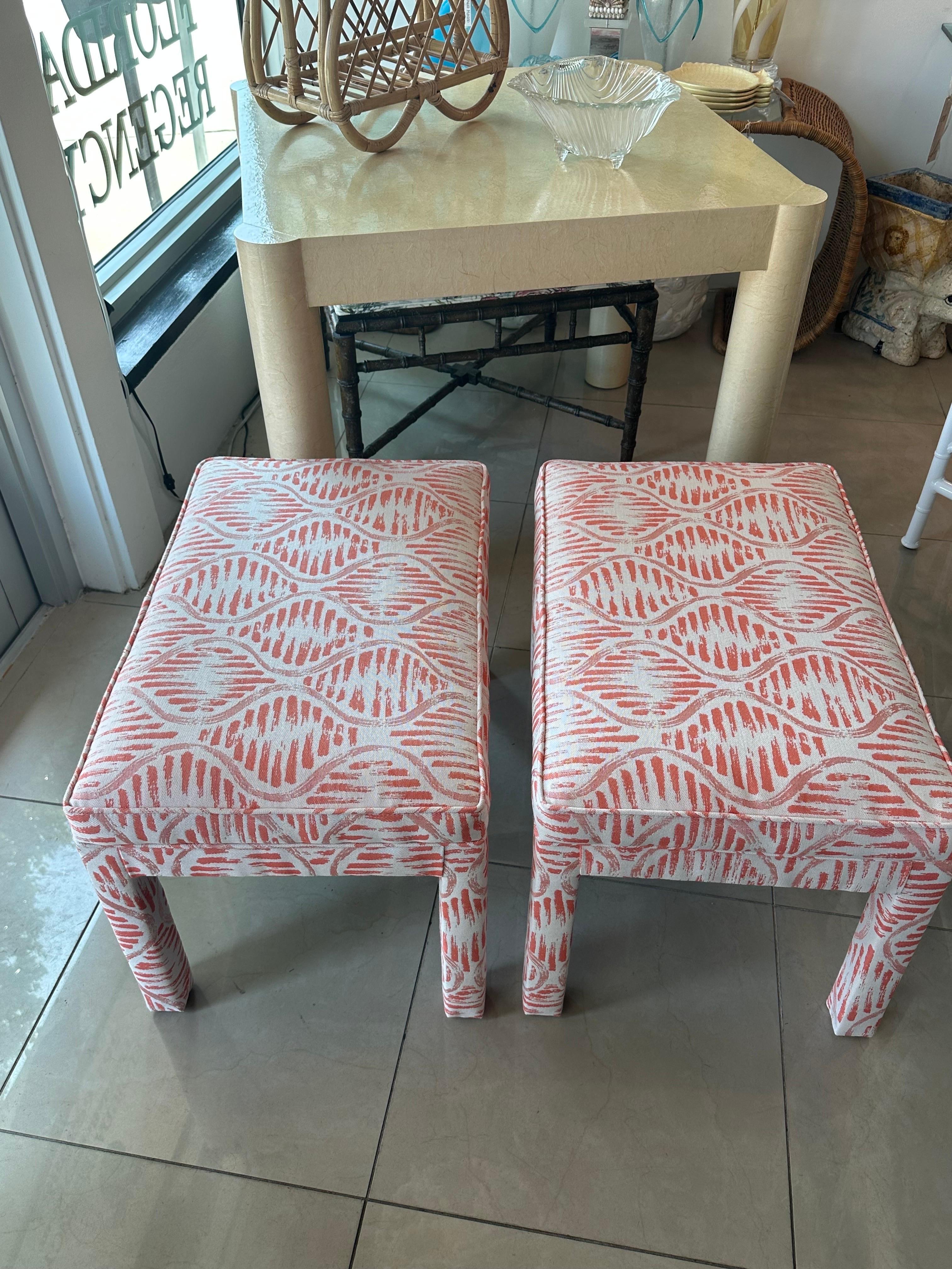 Vintage Pair of Newly Upholstered Coral Parsons Benches Ottomans Stools For Sale 5