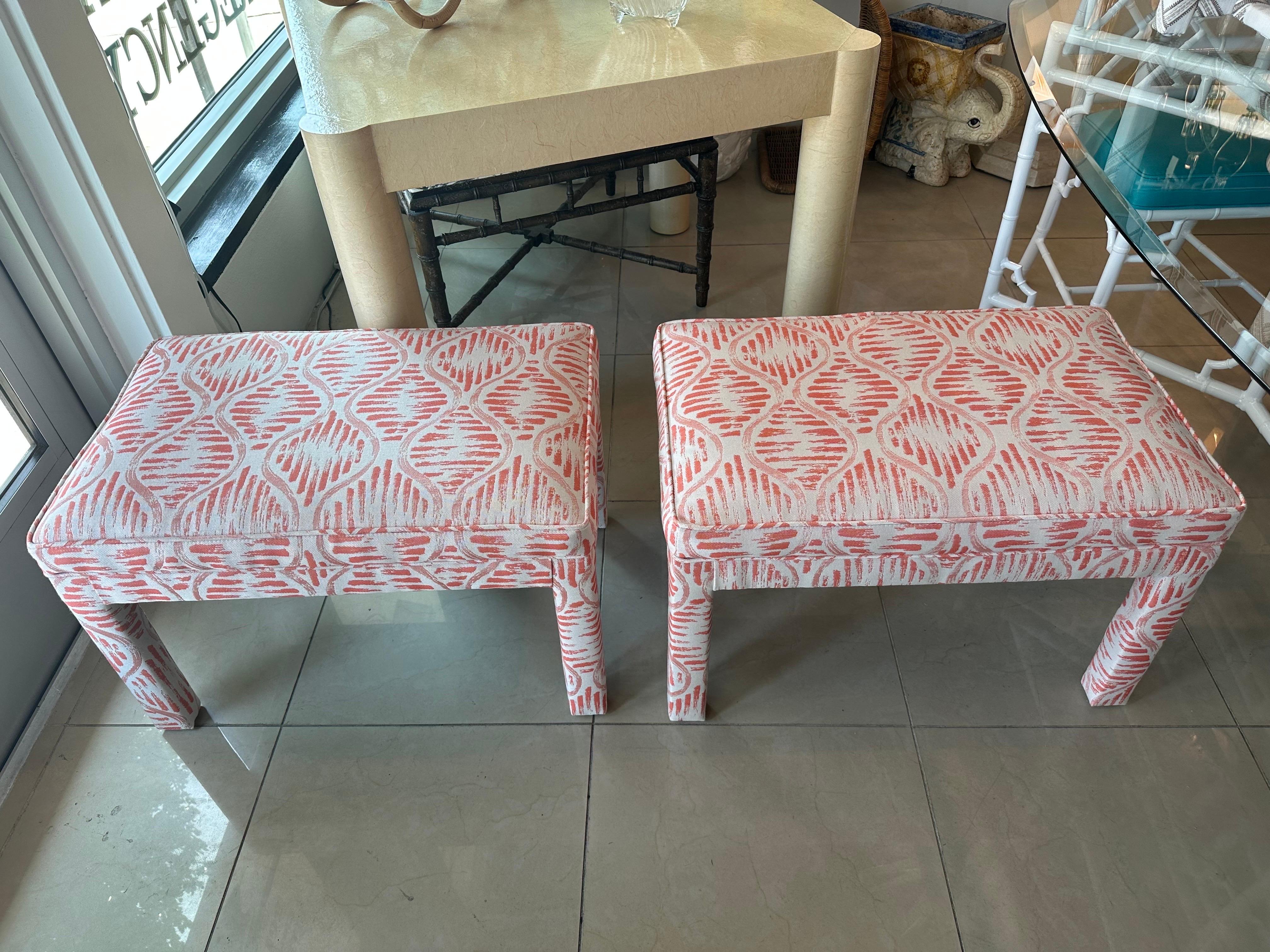 American Vintage Pair of Newly Upholstered Coral Parsons Benches Ottomans Stools For Sale