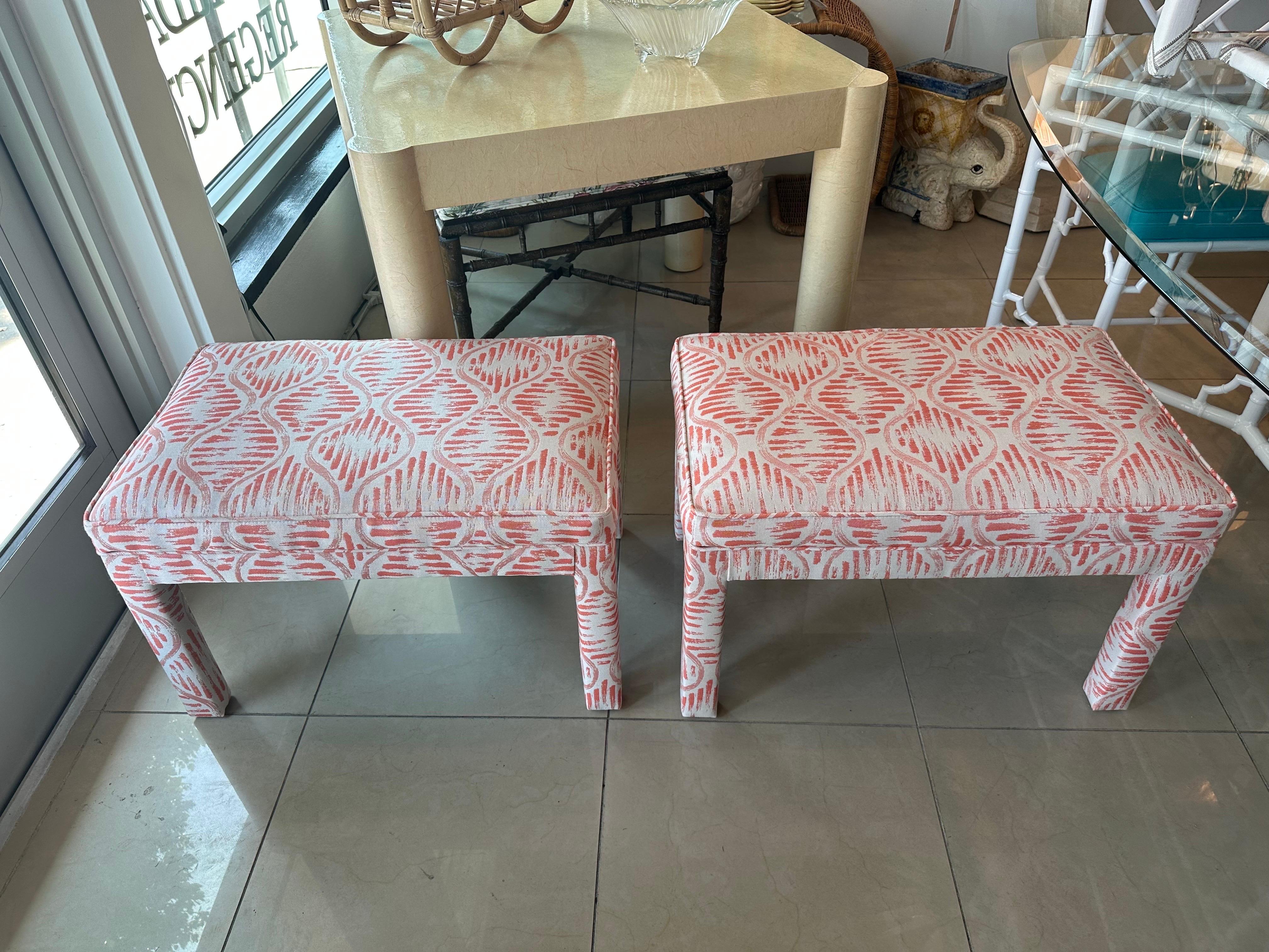 Late 20th Century Vintage Pair of Newly Upholstered Coral Parsons Benches Ottomans Stools For Sale